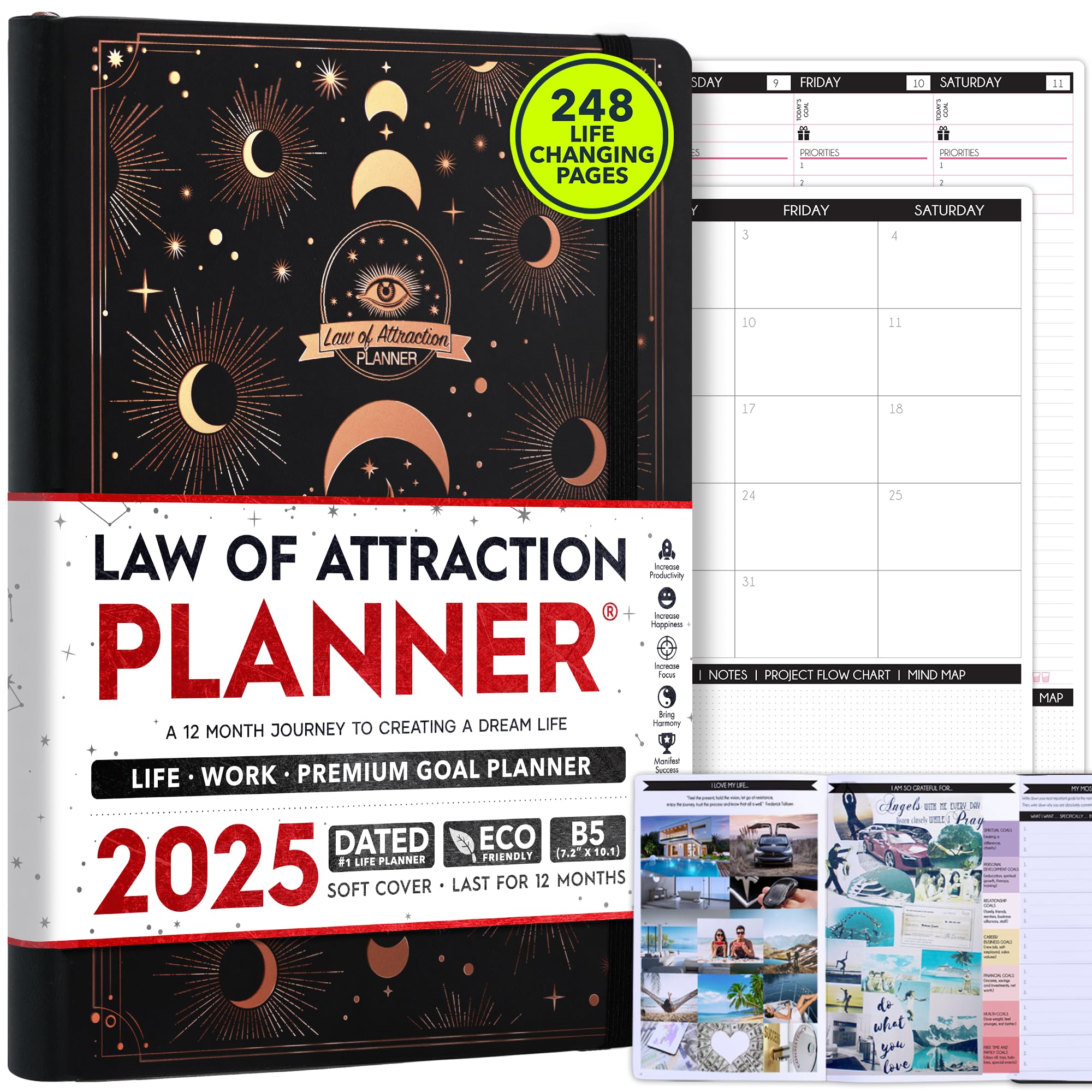 2025 Law of Attraction Planner - Productivity & Goal Setting Journal with Hourly, Weekly, Monthly Layouts | 12-Month Vision Board Planner, Gratitude Diary, Includes Foldable Vision Board, Gift Box & Stickers | Perfect for Manifestation, Self-Improvement & Daily Organization