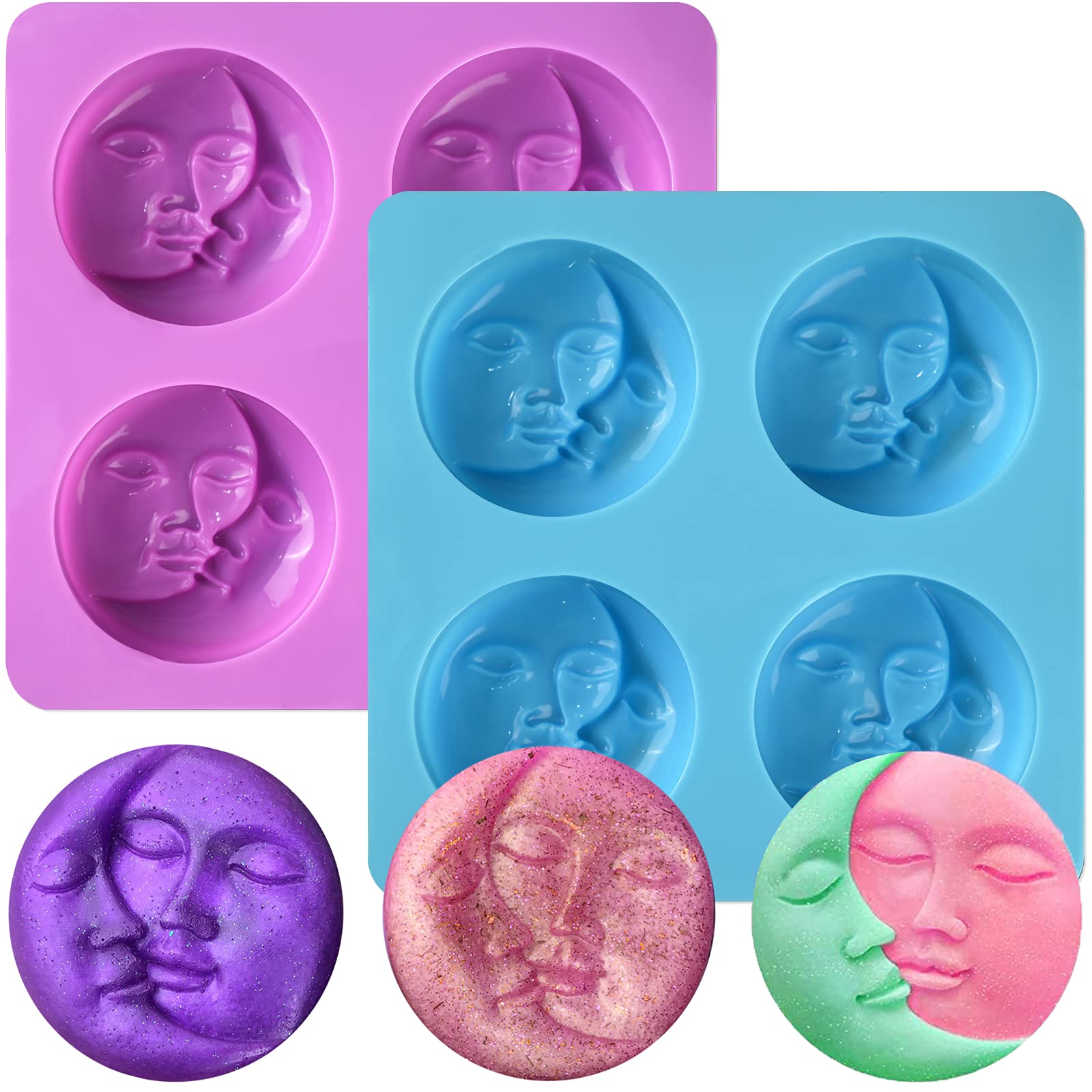 2 Pack Silicone Soap Molds - Sun & Moon Face Shaped DIY Soap Making Kit, Reusable Bath Bomb Molds for Chocolate, Candle Making, Valentine's Day Wedding Gifts - Perfect for Home Spa, DIY Crafts & Party Favors