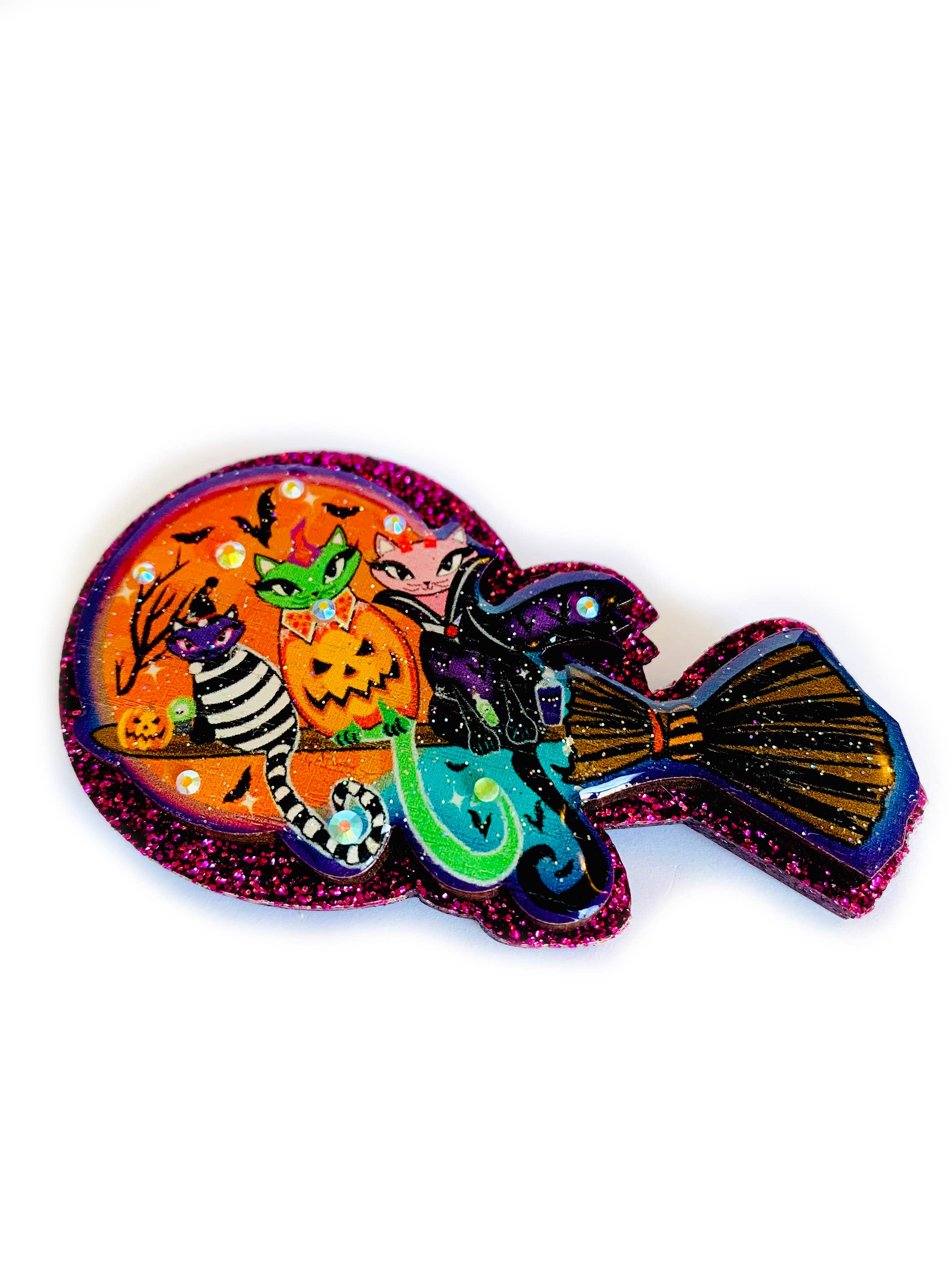 Rosie Rose Parker Cats on a Broomstick Brooch - Vintage Halloween Cat Pin for Witches Costume, Goth Fashion & Book Lover Accessories