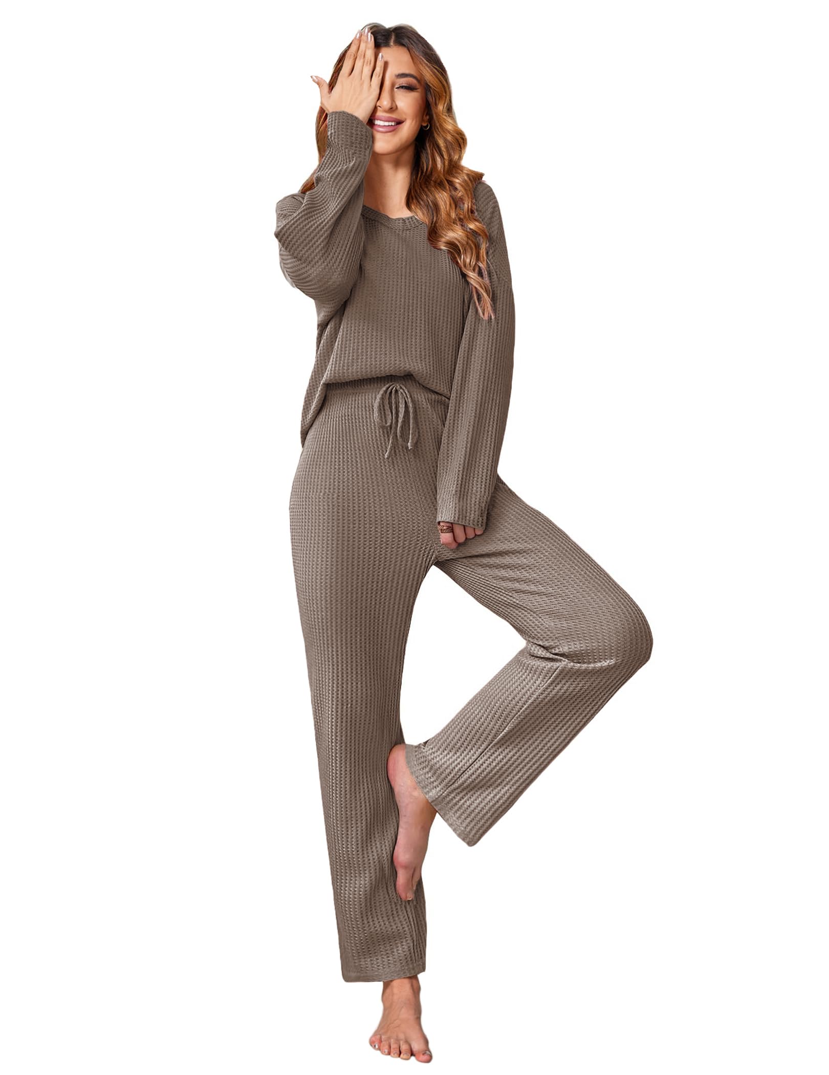 Ekouaer Women's Waffle Knit Pajama Set - Soft Long Sleeve Lounge Wear 2-Piece Matching Sleepwear with Pockets - Cozy for Bedtime & Relaxing at Home