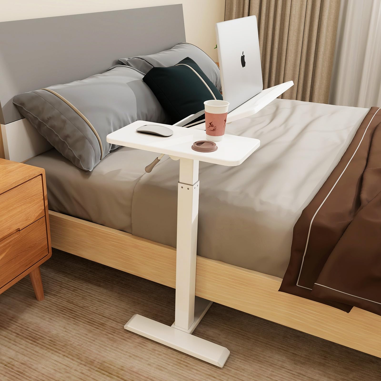 PUNCIA Adjustable Pneumatic Overbed Table with Wheels - Split Top Tilting Bedside Table with Tray - Rolling Laptop Computer Standing Desk Cart (Height 27