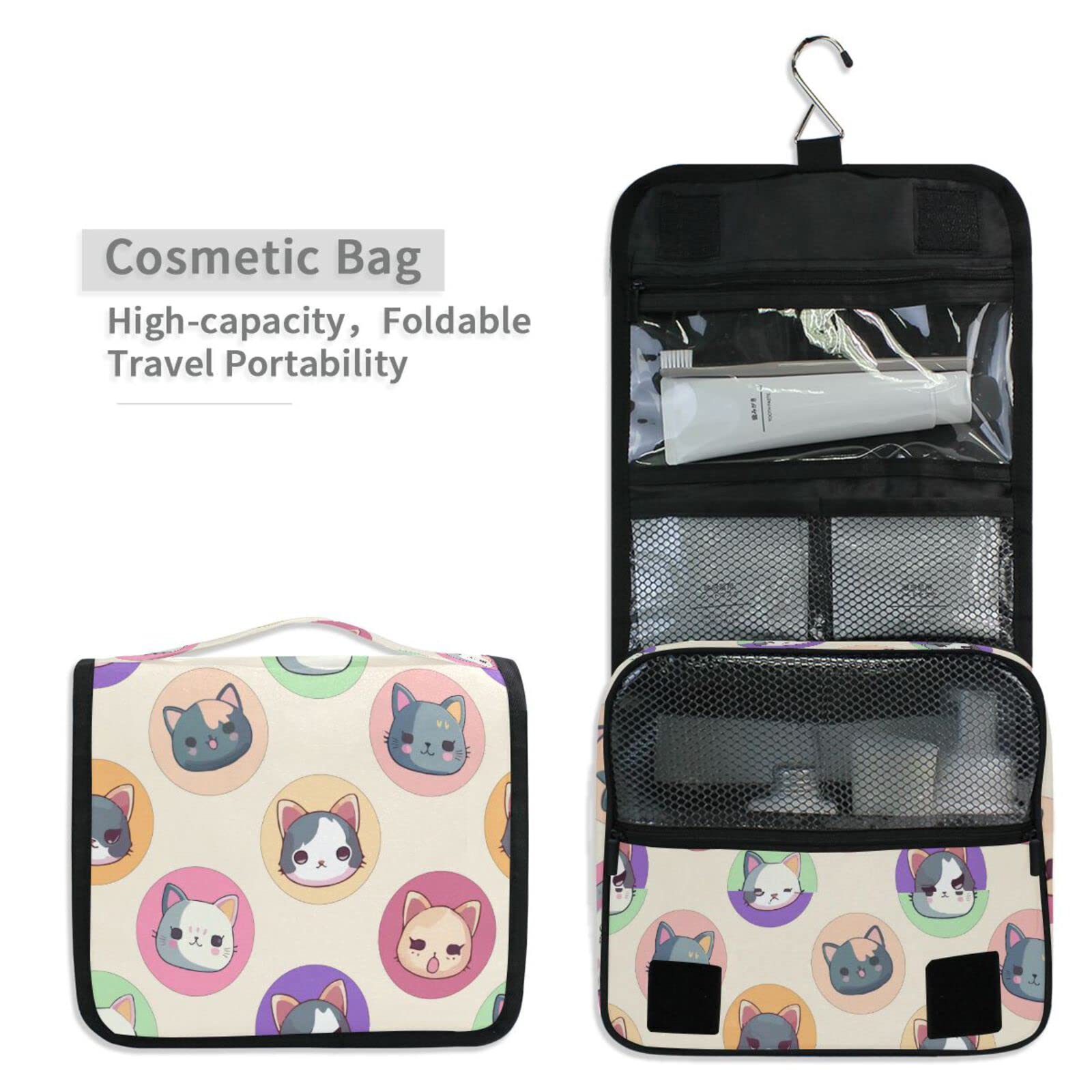 Moyyo Cute Cartoon Kittens Hanging Travel Toiletry Bag - Waterproof Cosmetic Makeup Organizer for Women & Men - Portable Wash Bag for Gym, Camping, Business Trips & Vacation Essentials
