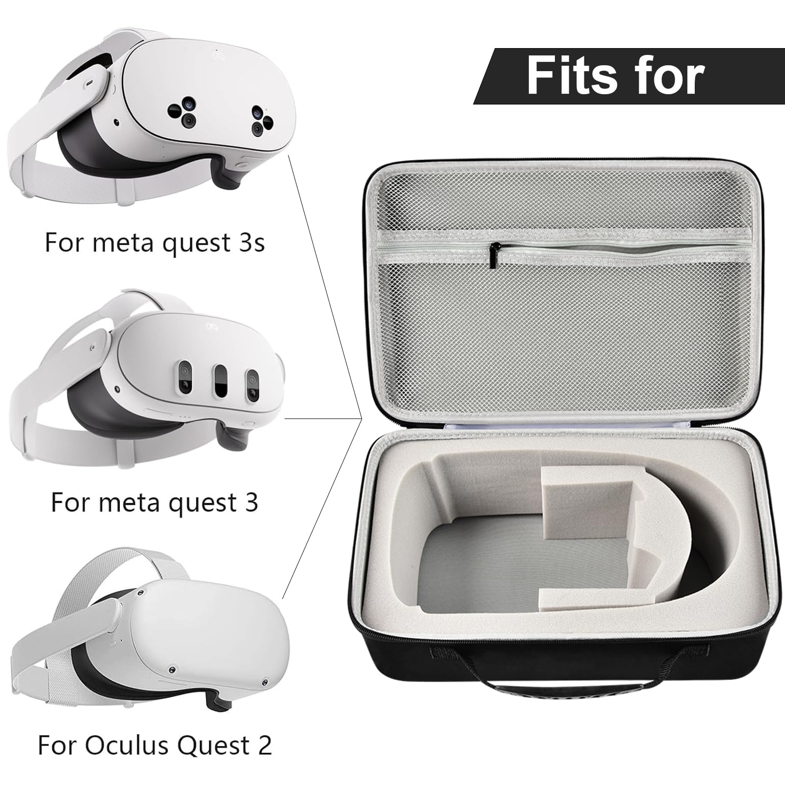 Meta Quest 3/3s & Oculus Quest 2 VR Headset Carrying Case - Compatible with Touch Controllers & Elite Strap VR2 Accessories, Includes Silicone Face Cover & Lens Protector (Grey, Device Not Included) - Perfect for Travel, Storage & VR Gaming Protection