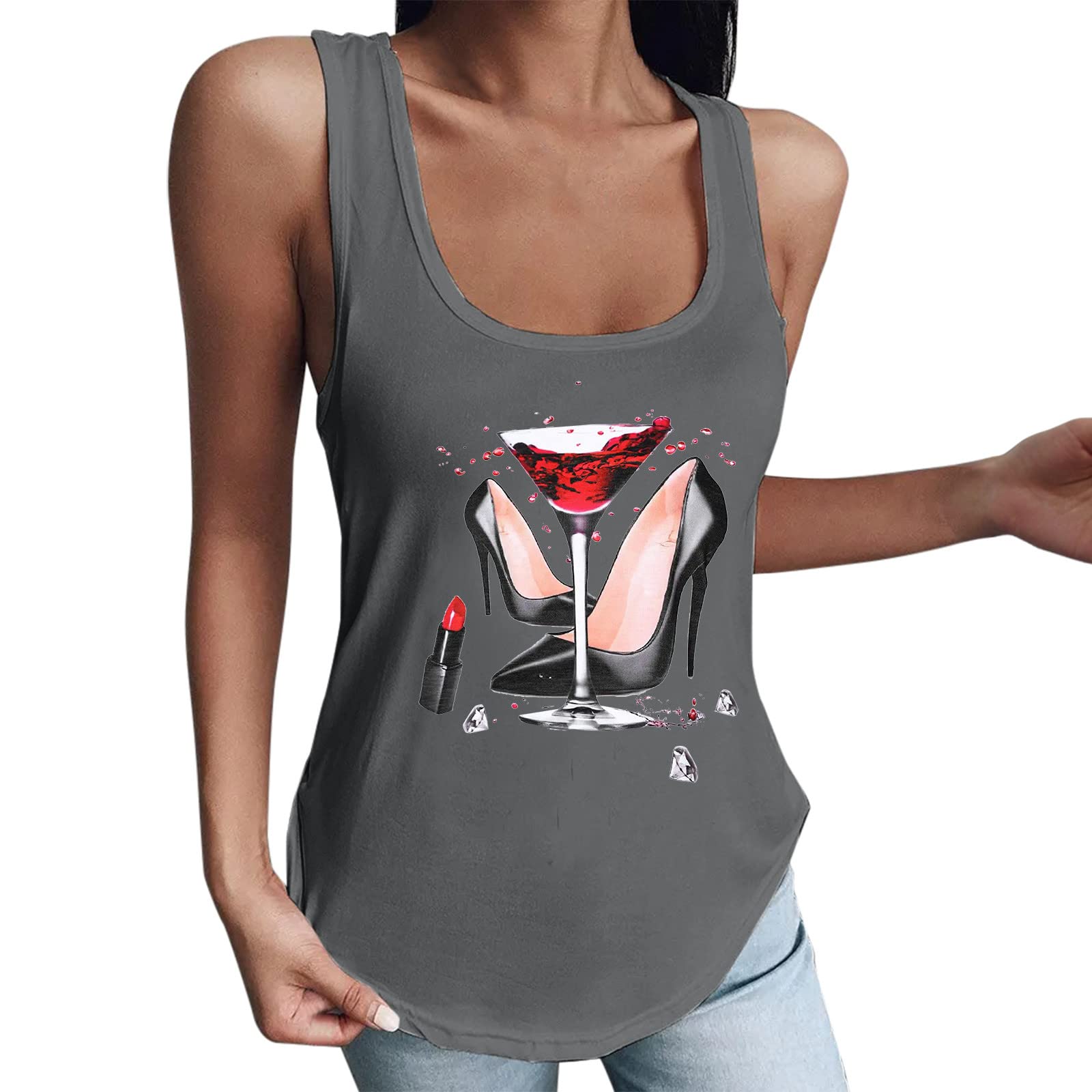 Women's Summer Casual Sleeveless Tunic Top - Graphic Print U-Neck Loose Blouse Vest (Grey, XXL) | Perfect for Beach Outings, Daily Wear & Vacation