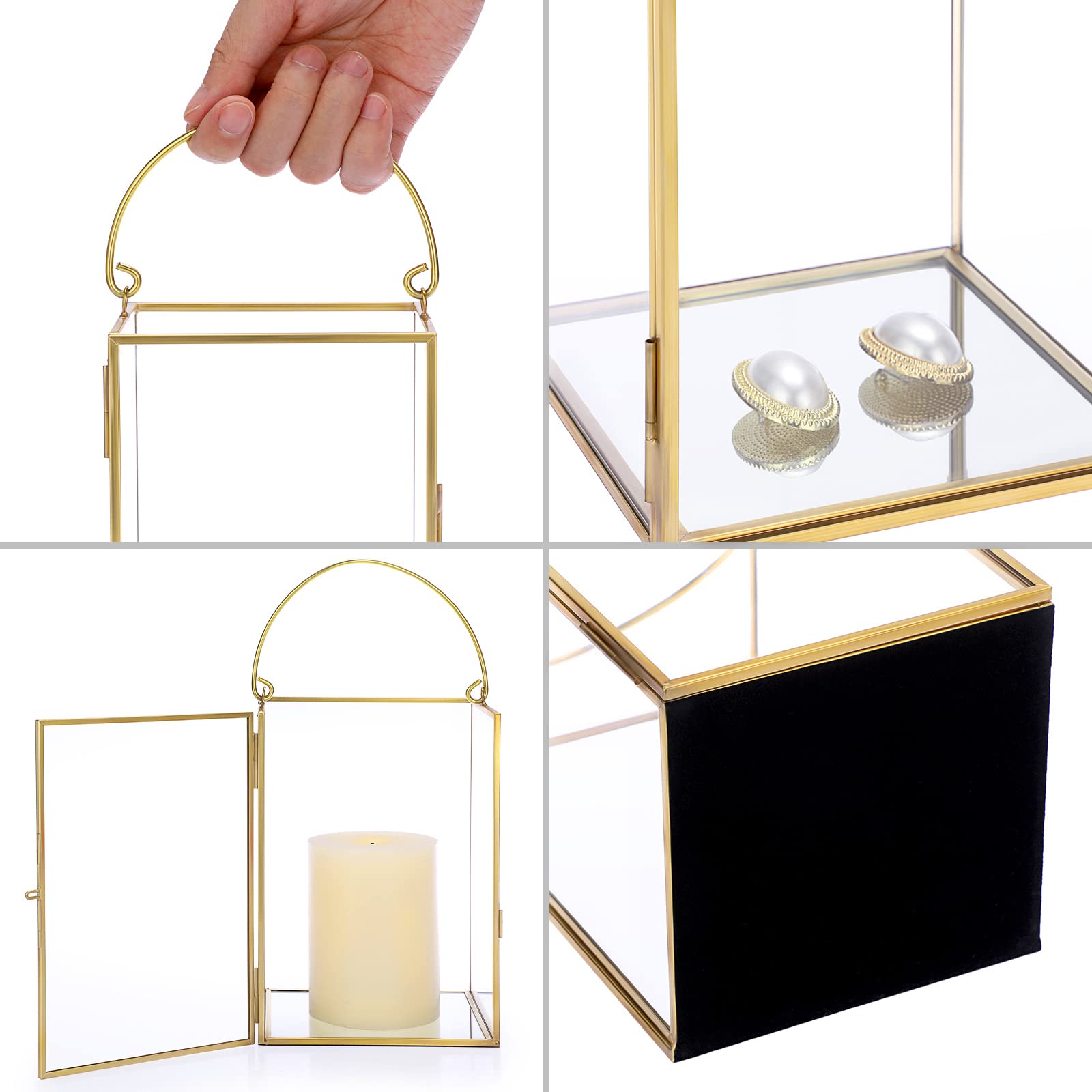 Set of 2 Gold Geometric Glass Hurricane Candle Holders with Metal Handles - Decorative Pillar Candle Stands for Wedding Centerpieces, Table Decor, Home & Garden Lighting, Romantic Dinner Ambience