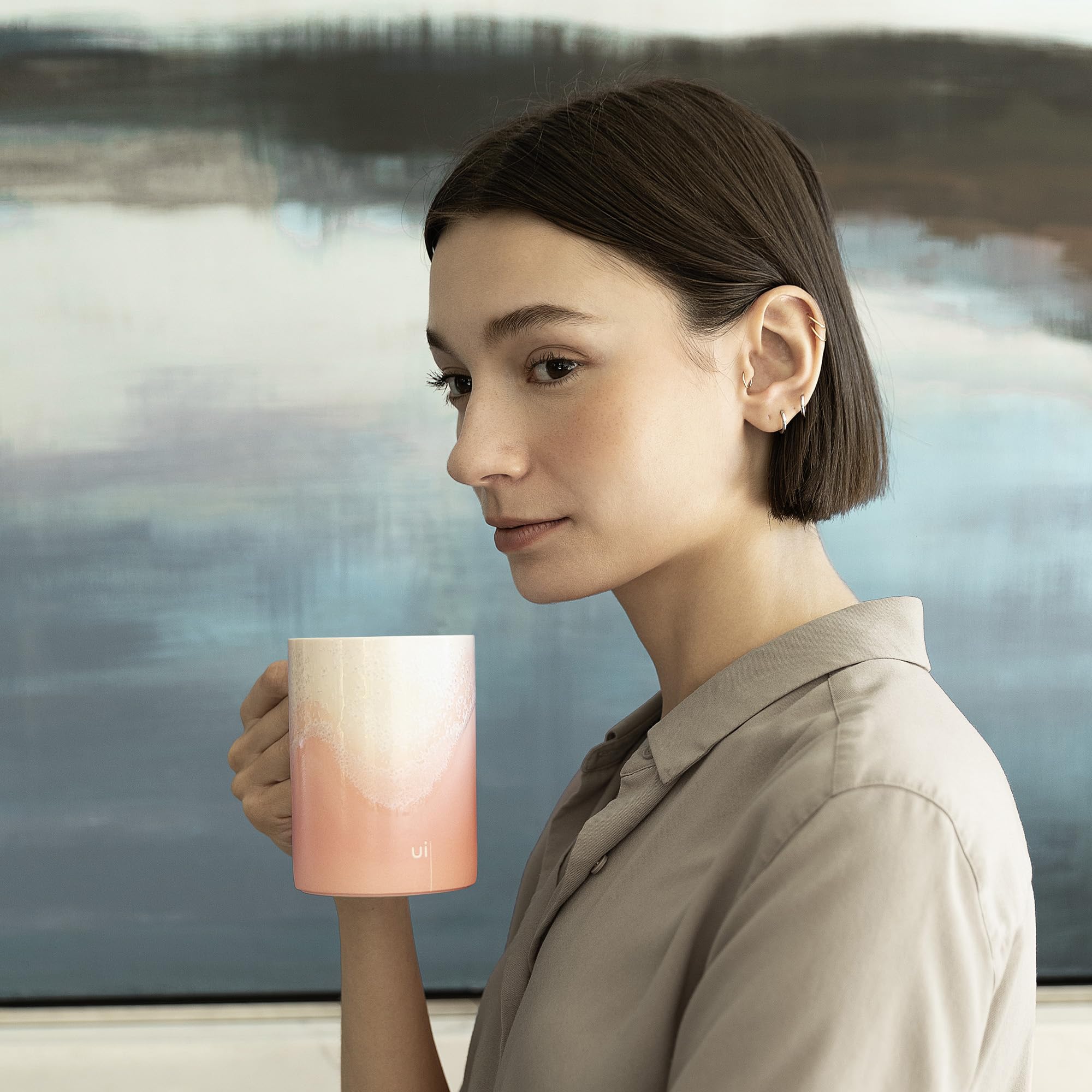 OHOM Self-Heating Ceramic Mug with Wireless Charging - Fuchsia Cloud Design | Keeps Drinks Warm | Perfect for Office, Home & Gifts
