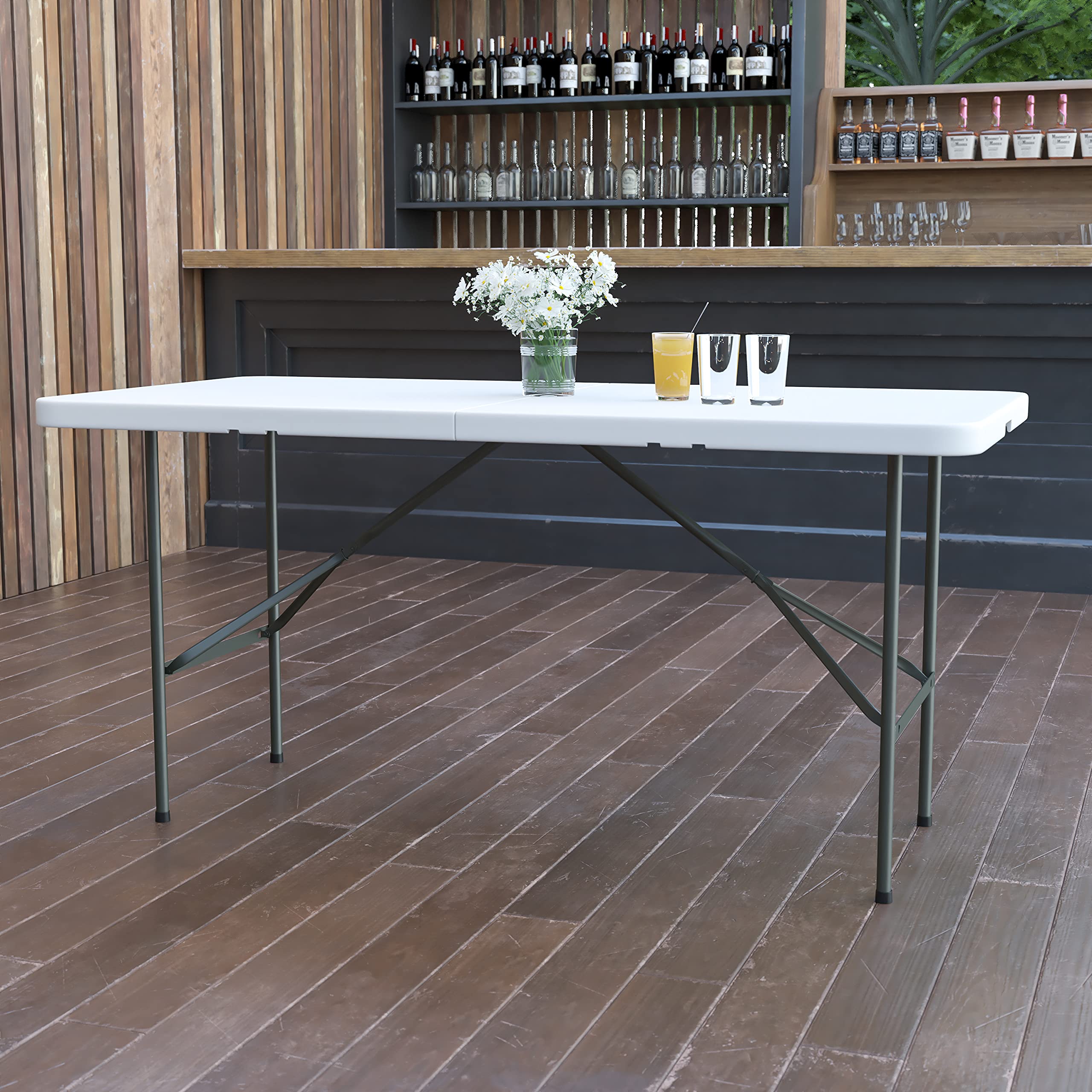 5-Foot Bi-Fold Granite White Plastic Folding Table with Handle - Portable Event Table for Parties, Picnics & Outdoor Gatherings