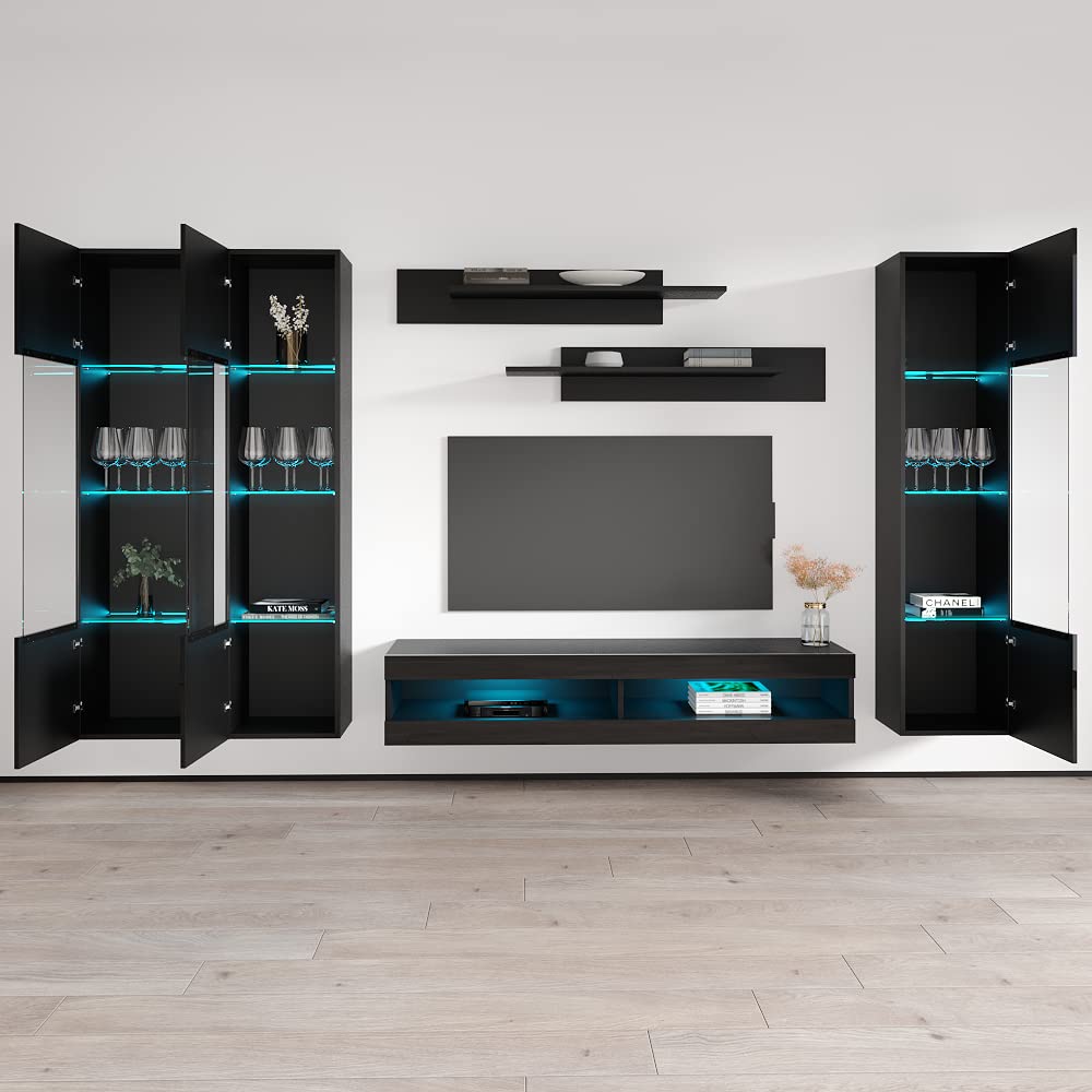 Modern Wall-Mounted TV Stand with Storage Shelves & LED Lights - 34