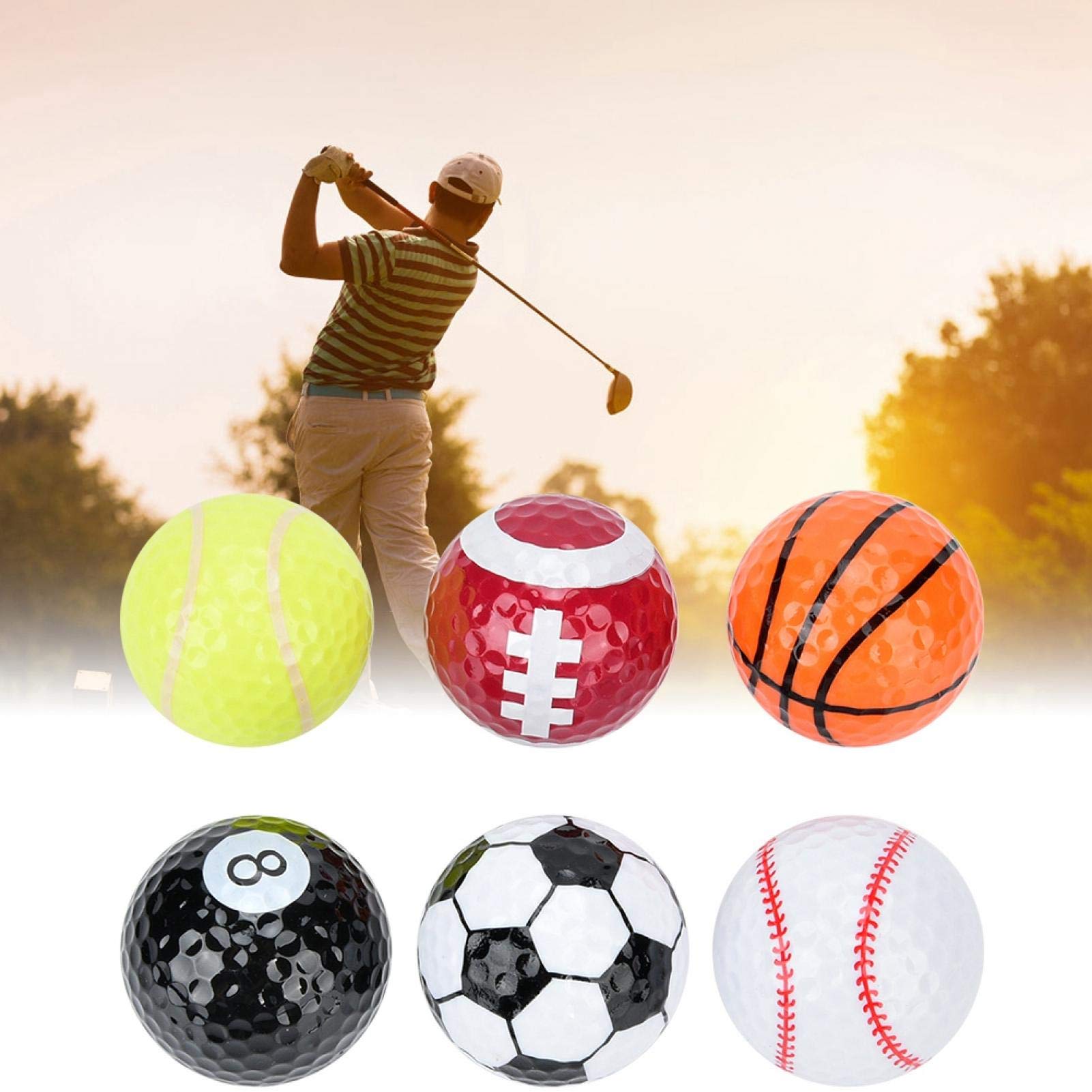 6-Piece Novelty Golf Training Balls Set - Unique Pattern Multicolor Practice Balls with Basketball, Baseball, Tennis & Billiard Shapes for Men, Women & Kids - Perfect for Backyard Practice, Driving Range & Golf Gifts