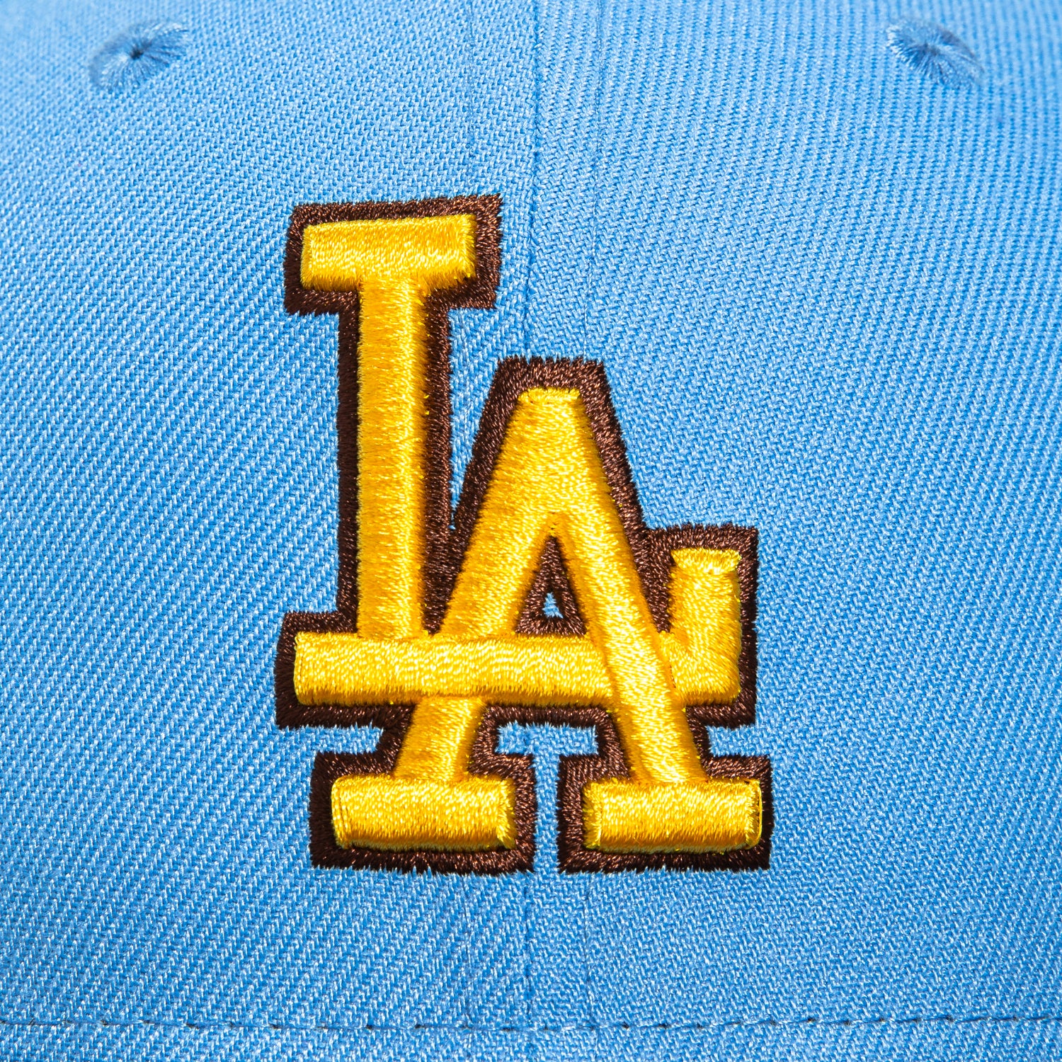 New Era 59Fifty Los Angeles Dodgers 50th Anniversary Patch Snapback Hat - Light Blue, Brown & Gold - Perfect for Baseball Games, Sports Events & Casual Wear
