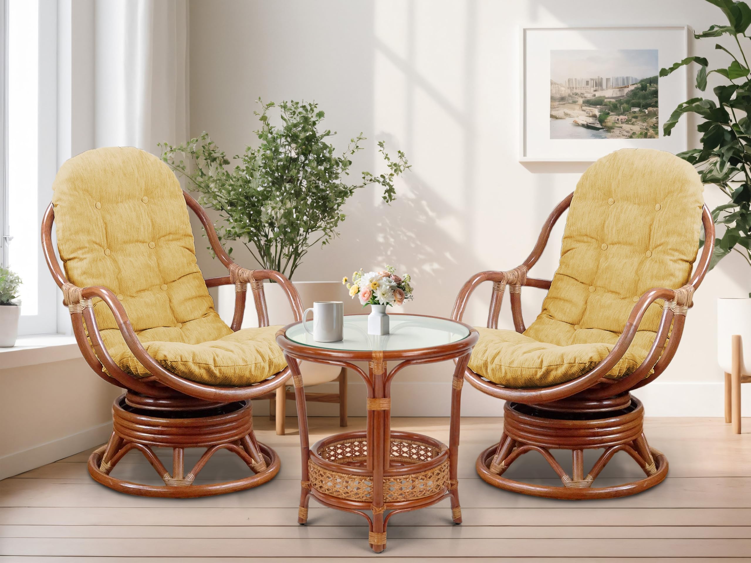 Handmade Natural Rattan Wicker Swivel Rocking Chair with Light Brown Cushion - Bali Lounge Colonial Style for Patio, Porch & Living Room Relaxation