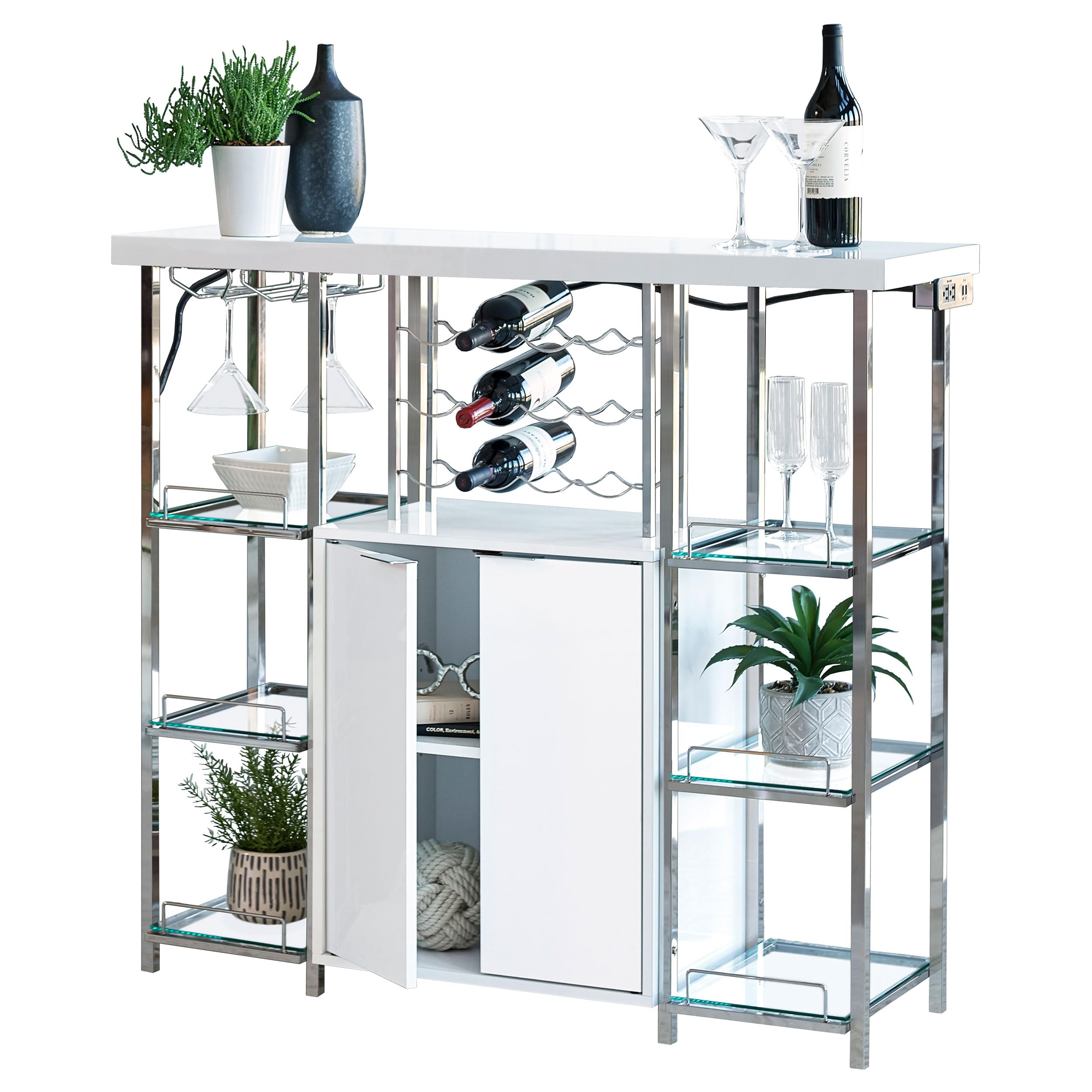 Gallimore 2-Door Bar Cabinet with Glass Shelf - High Gloss White & Chrome Finish - Modern Home Bar Furniture for Living Room, Dining Room or Home Office