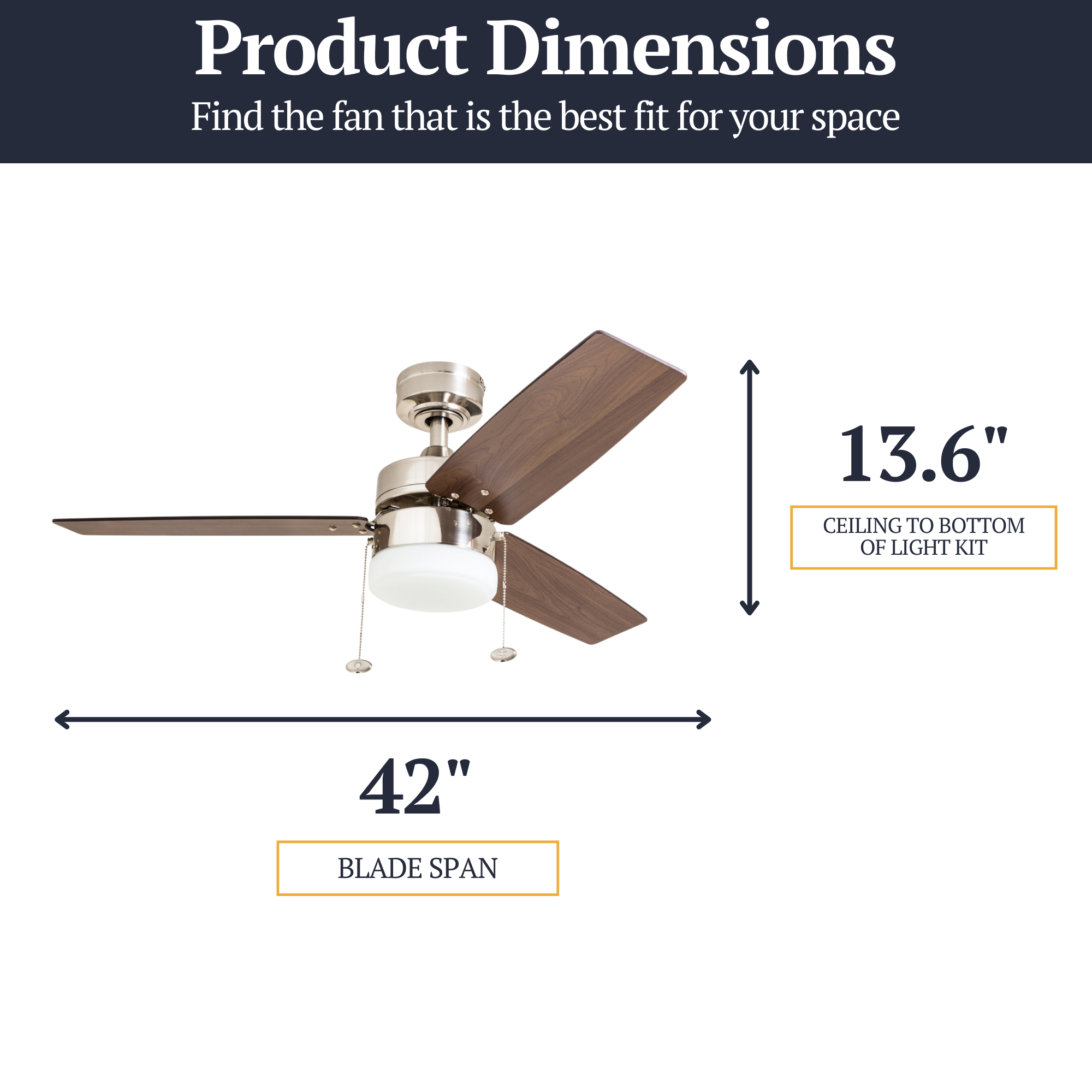 42 Inch Reston Brushed Nickel Ceiling Fan with Pull Chain - Energy Efficient Indoor Cooling for Living Room, Bedroom, and Office