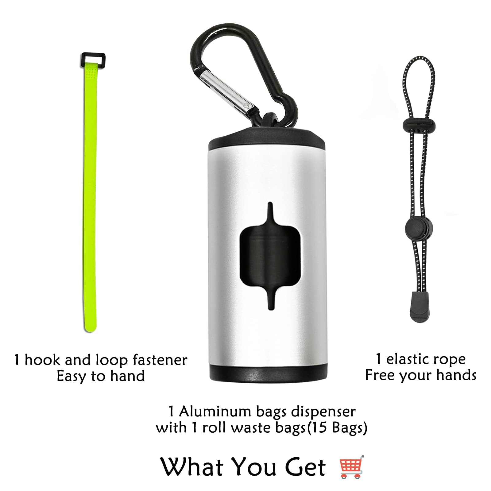 Durable Aluminum Dog Poop Bag Holder with Carabiner Clip - Metal Pet Waste Dispenser with Hook & Loop Fastener, Elastic Cord for Used Bags (Silver, Includes 15 Bags) - Perfect for Walking, Hiking, and Outdoor Pet Cleanup