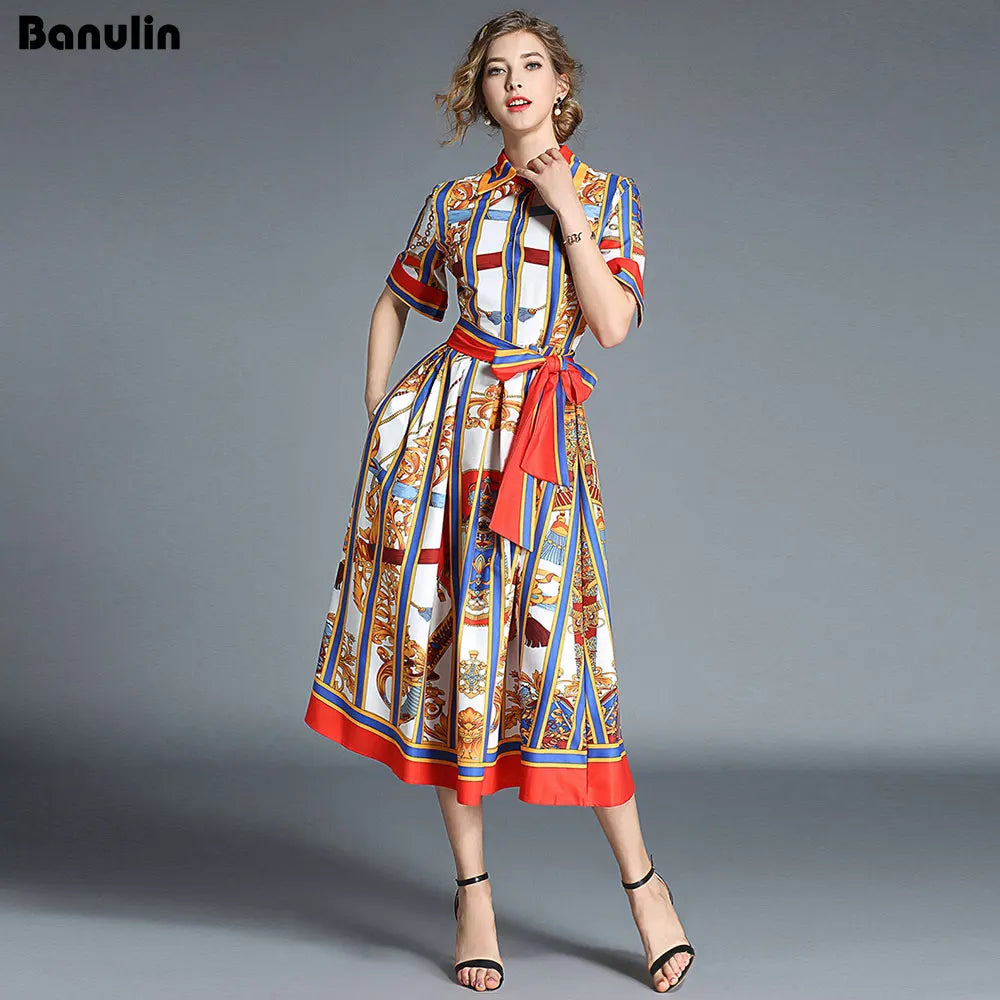 Banulin Women's Summer Short Sleeve Collar Stripe Printed Bow Midi Dress - 2020 Newest Runway Designer Fashion for Beach, Party & Casual Wear