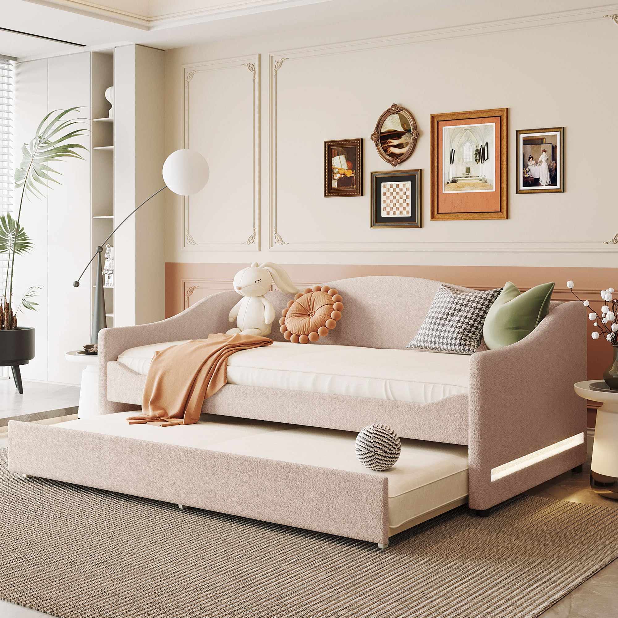 MERITLINE Twin Size Upholstered Daybed with Trundle and LED Lights - Teddy Fleece Sofa Bed Frame with Wooden Trundle - Convertible Sleeper for Bedroom, Living Room, Guest Room - Beige Modern Furniture for Small Spaces & Sleepovers