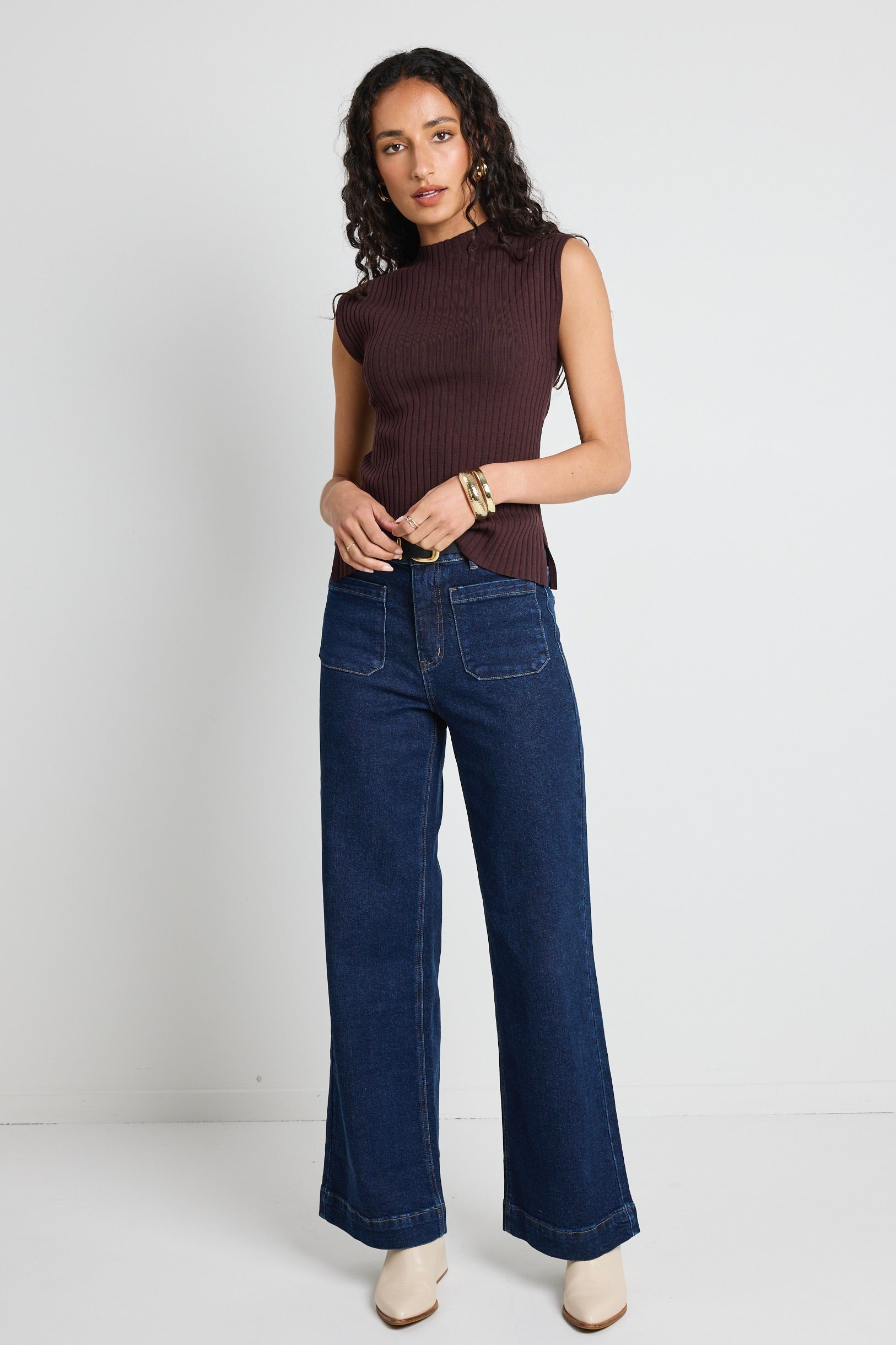 Heroic Chocolate Sleeveless Funnel Neck Rib Knit Top for Women - Casual Summer T-Shirt for Outfits & Layering