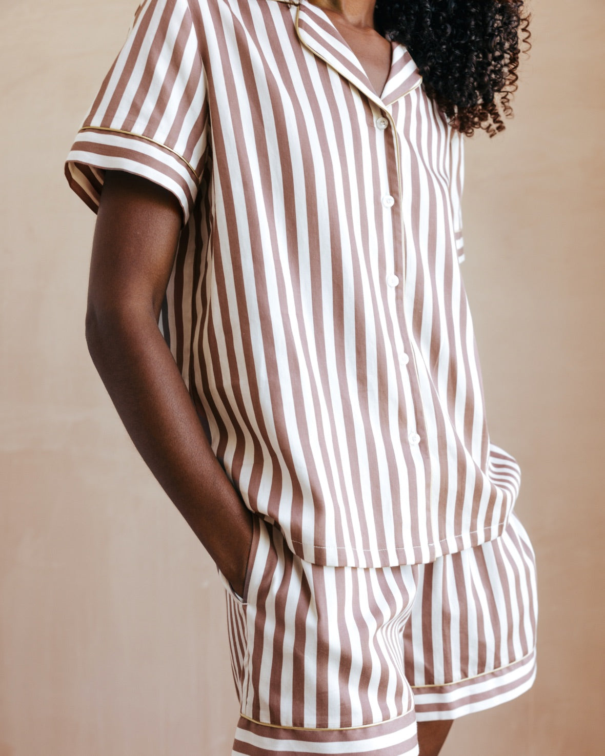 Organic Cotton Sateen Stripe Short Pajama Set for Women - Soft & Breathable Sleepwear - Brown - Perfect for Summer Nights & Lounge Wear