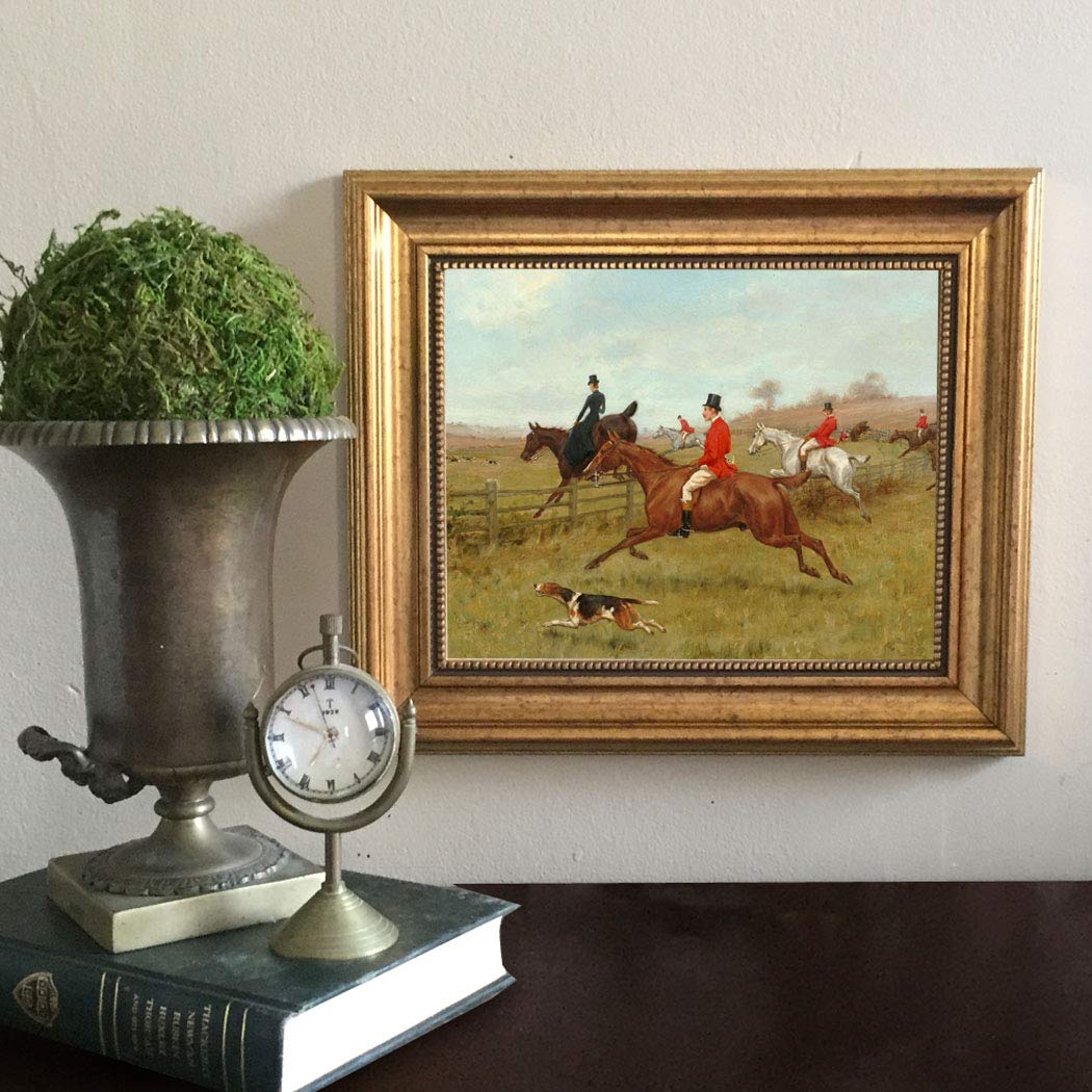 Schooner Bay Co. - Thomas Blinks 'The Chase' 8x10 Inch Equestrian Oil Painting Print on Canvas with Gold Frame - Fox Hunting Wall Art Decor for Living Room, Office & Study - Ready to Hang Home Décor