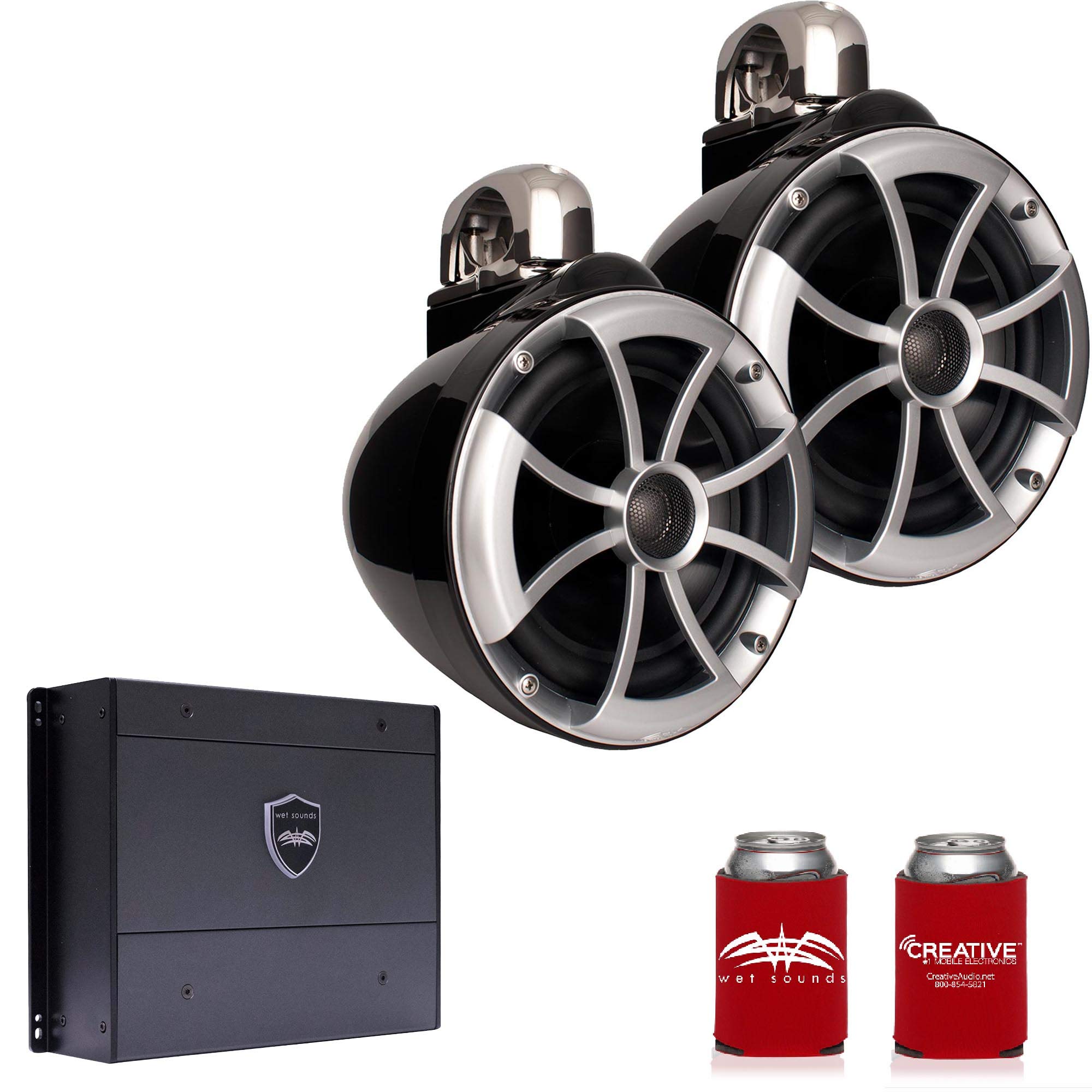 Wet Sounds ICON8B-FC 8 Inch Black Marine Tower Speakers with Stainless Steel Fixed Clamps & SYN-DX2 750 Watt Amplifier - Perfect for Boats, Yachts, and Outdoor Water Sports