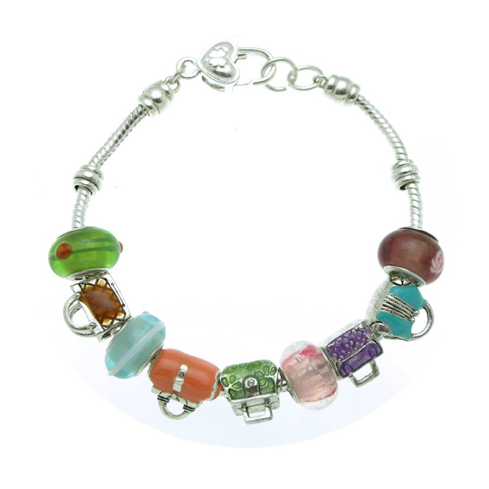 Women's Multicolor Murano Glass Beads & Enamel Charm Bracelet - 7.5 Inch Adjustable Fashion Jewelry for Casual Wear, Parties & Gift Giving