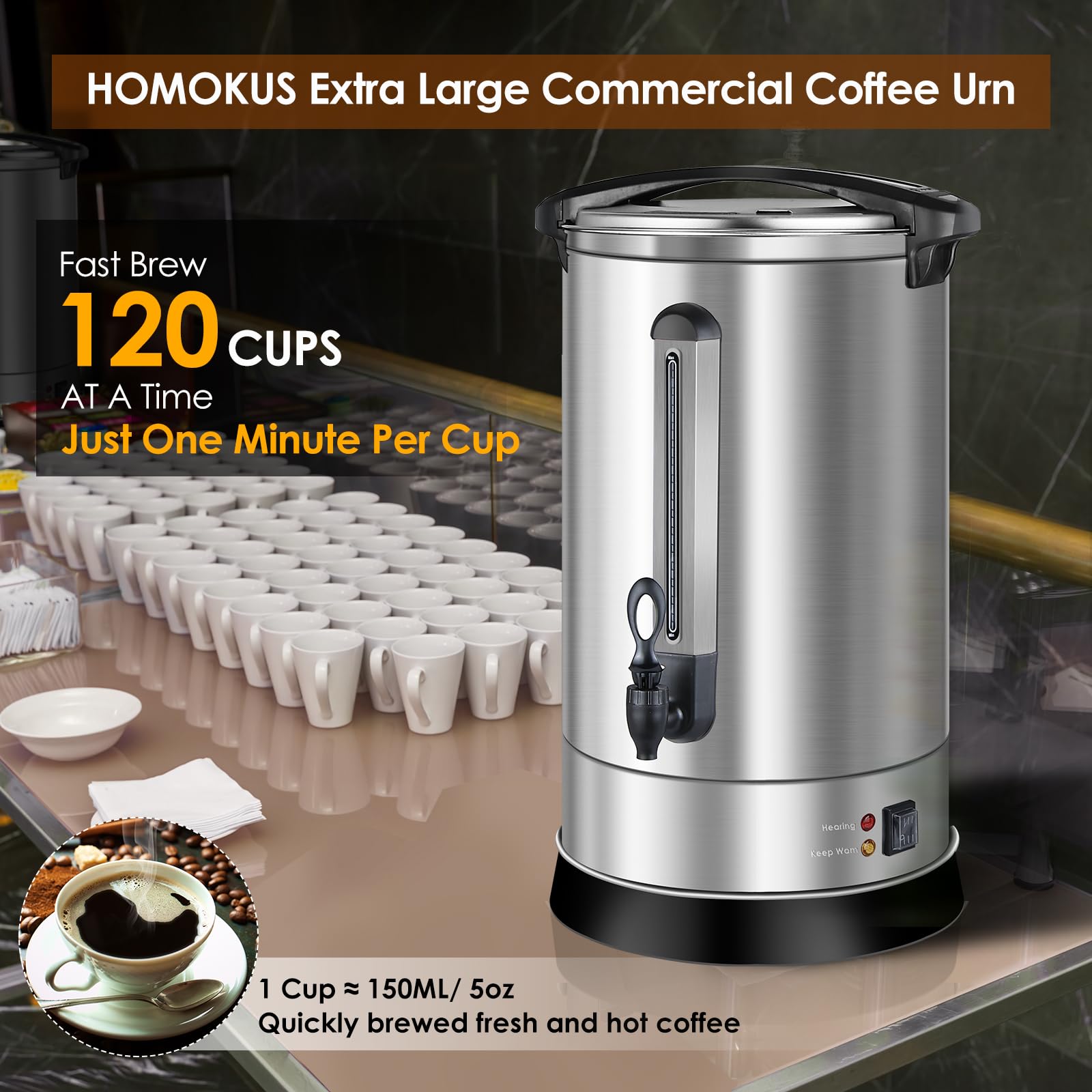 Commercial Coffee Urn 120 Cup (18L) - Extra Large Stainless Steel Hot Water & Coffee Urn - 1500W Quick Brew Electric Percolator for Parties, Events & Catering - Perfect for Church Gatherings, Weddings & Large Offices
