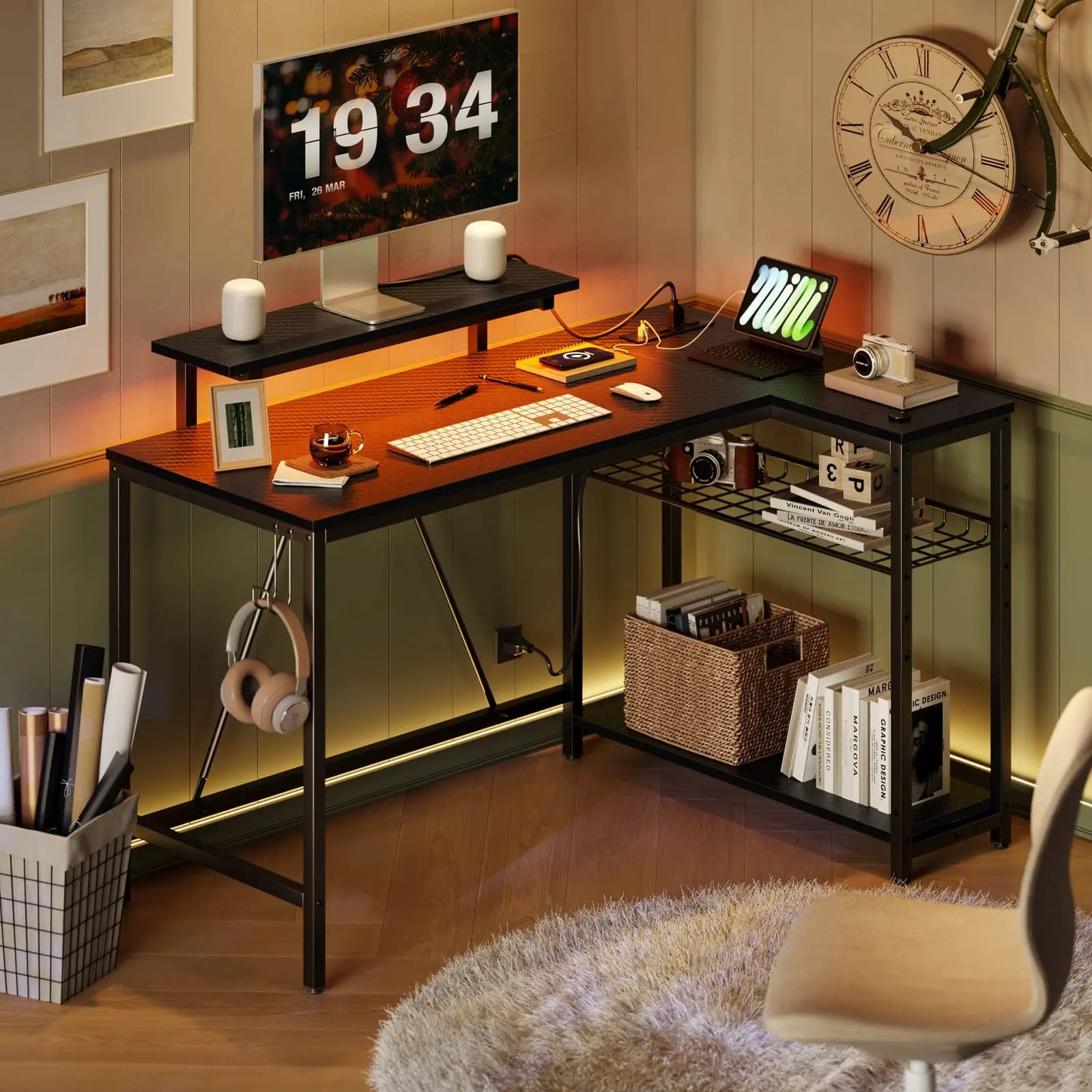 Bestier 48 Inch L-Shaped LED Gaming Desk with Monitor Stand - Ergonomic Computer Workstation for PC Gamers & Home Office Setup