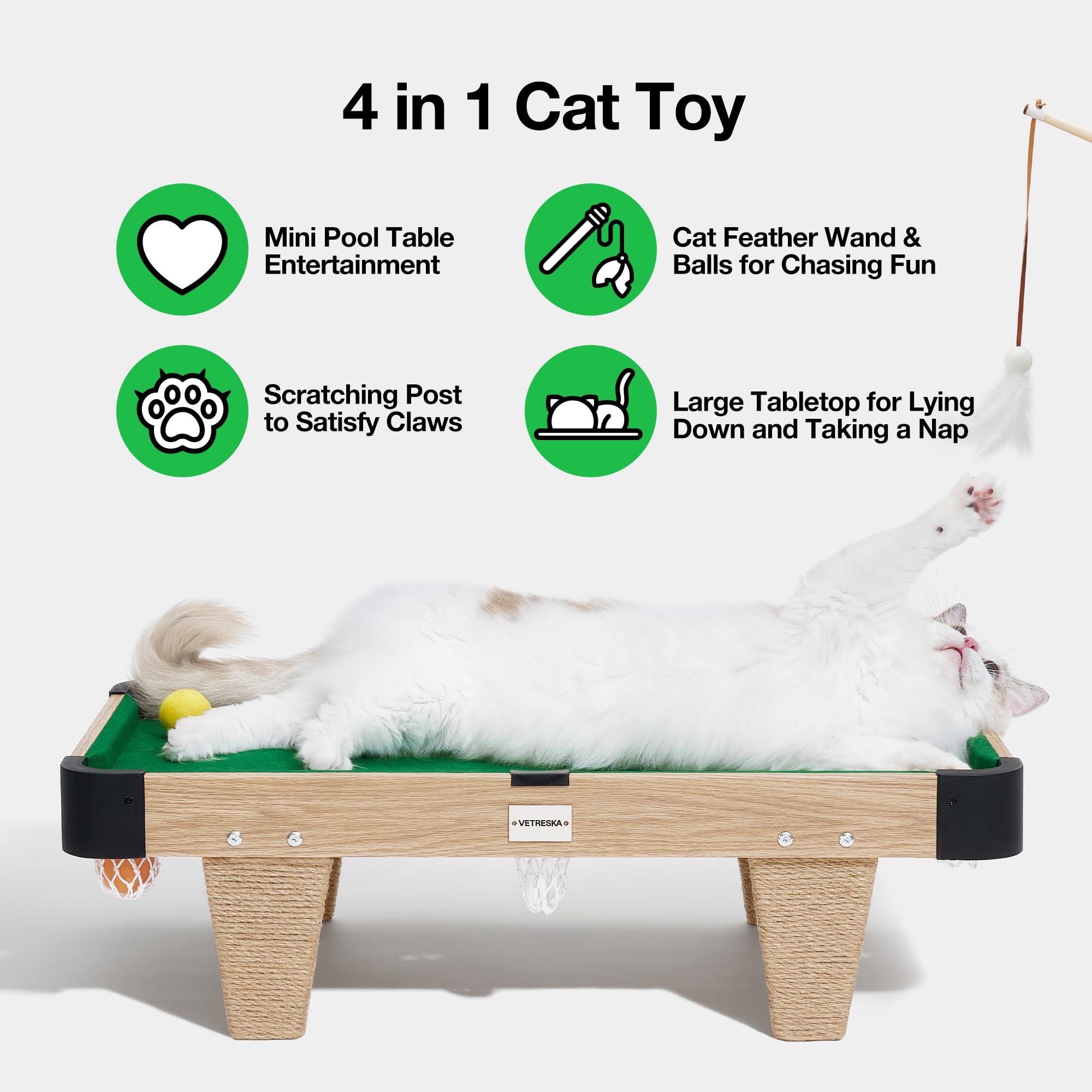 VETRESKA 4-in-1 Cat Toy Set - Mini Pool Table with Feather Wand, Billiard Balls & Scratching Post - Interactive Puzzle Toy for Indoor Cats - Fun Exercise & Play Furniture for Kittens - Perfect for Playtime, Training & Mental Stimulation