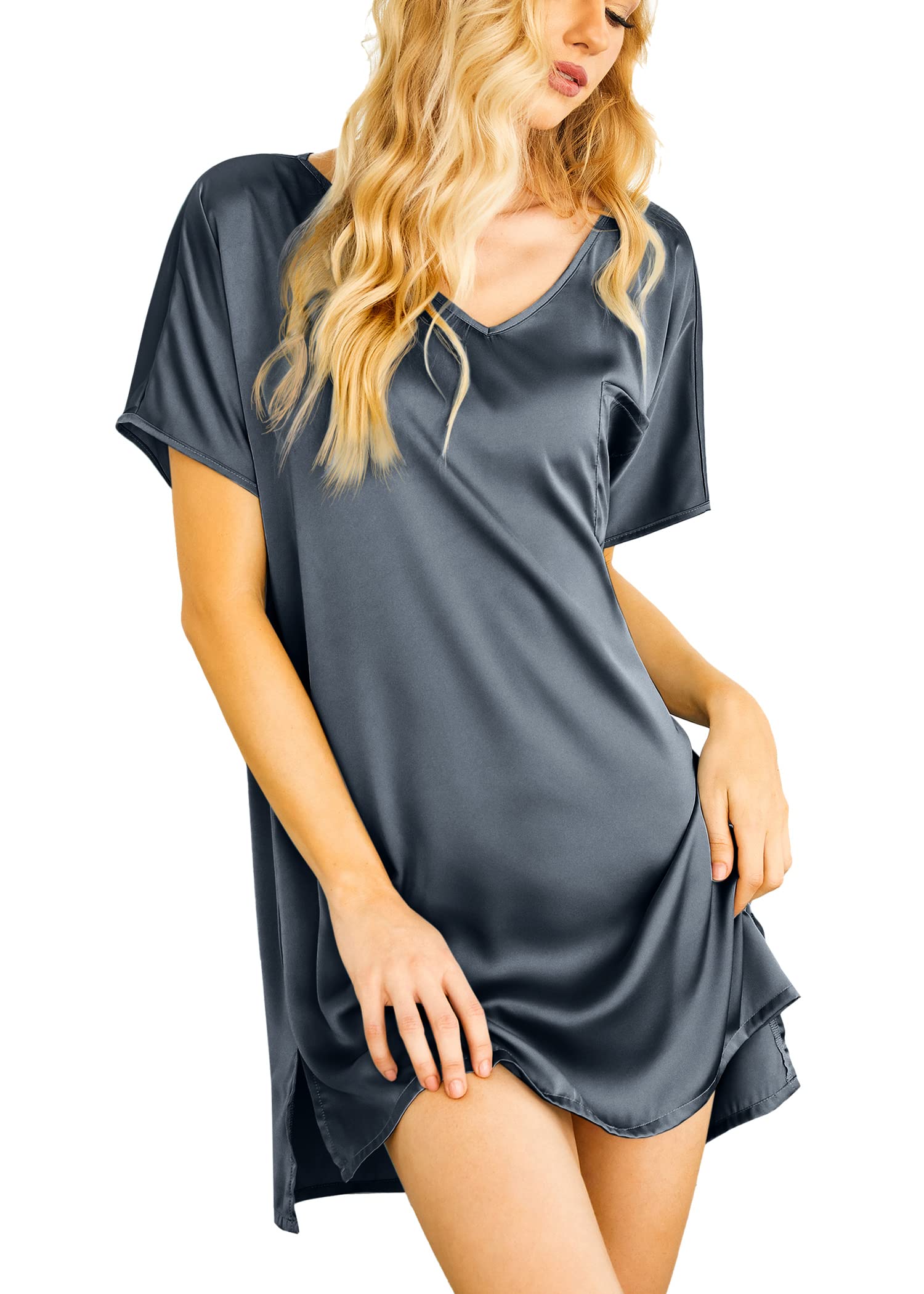 Ekouaer Women's Satin Nightgown - V-Neck Short Sleeve Sleepshirt with Side Split & Chest Pocket (Sizes S-XXL) | Comfortable Sleepwear for Relaxing at Home or Travel
