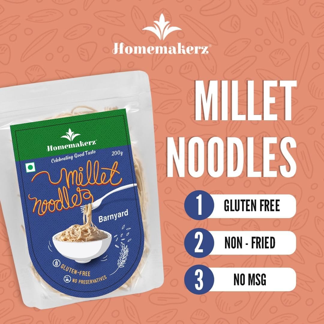 **Homemakerz Banyard Millet Noodles – Natural, Preservative-Free, Gluten-Free, Fat-Free, No Oil, Zero Maida & Wheat – Healthy & Tasty Hakka Millet Noodles with High Fiber (200g) – Perfect for Vegan, Keto & Gluten-Free Diets**