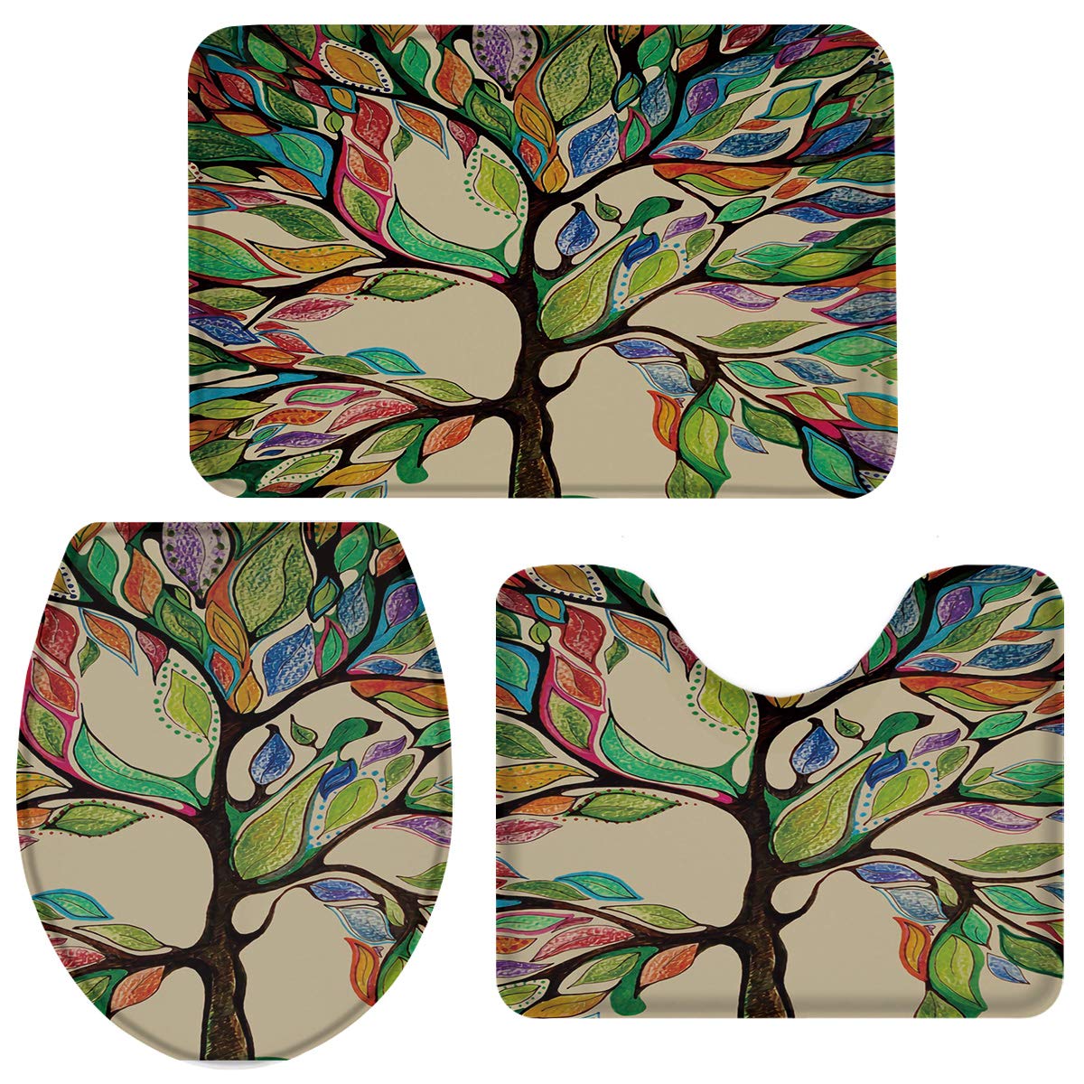 OneHoney 3-Piece Bath Rug Set - Non-Slip Colorful Tree Design Bathroom Mat, U-Shaped Toilet Floor Mat & Seat Cover - Vintage Home Decor for Bathroom Safety and Style - Perfect for Modern, Farmhouse or Bohemian Bathrooms