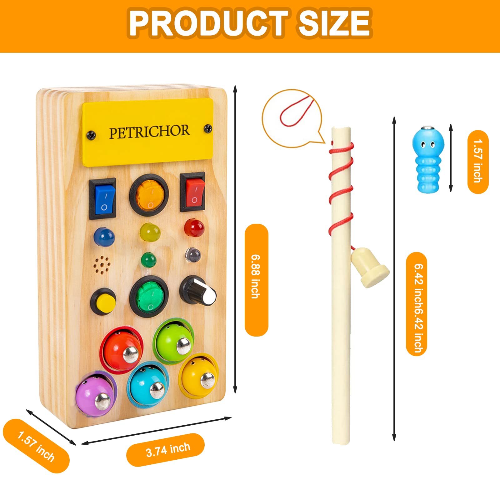 LED Light Busy Board - Montessori Sensory Toy with Toggle Switch, Fidget Toys for Toddlers, Fishing Game & Sound Knob - Handmade Wooden Travel Activity Board for 1 2 3 4 Year Old Boys & Girls - Perfect for Airplane, Car Rides & Quiet Playtime