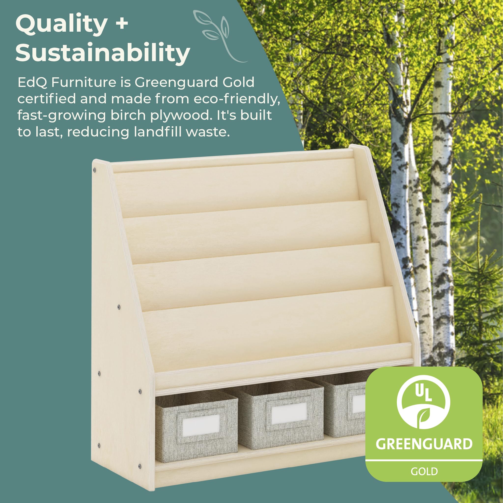 Guidecraft EdQ Natural Wood Book & Bin Display with 3 Fabric Storage Bins - Multi-Purpose Bookcase & Toy Organizer for Homeschool, Classroom & Kids' Room Storage Solutions
