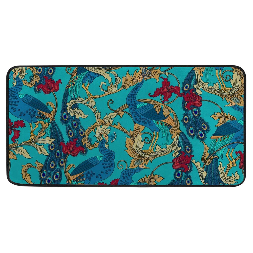 Non-Slip Soft Plush Memory Foam Kitchen & Bathroom Rug - Tropical Peacock Bird Flower Design, Blue, Extra Thick, Machine Washable, 39x20 Inch - Perfect for Bathroom Floor, Kitchen Sink Area, and Entryway Decor