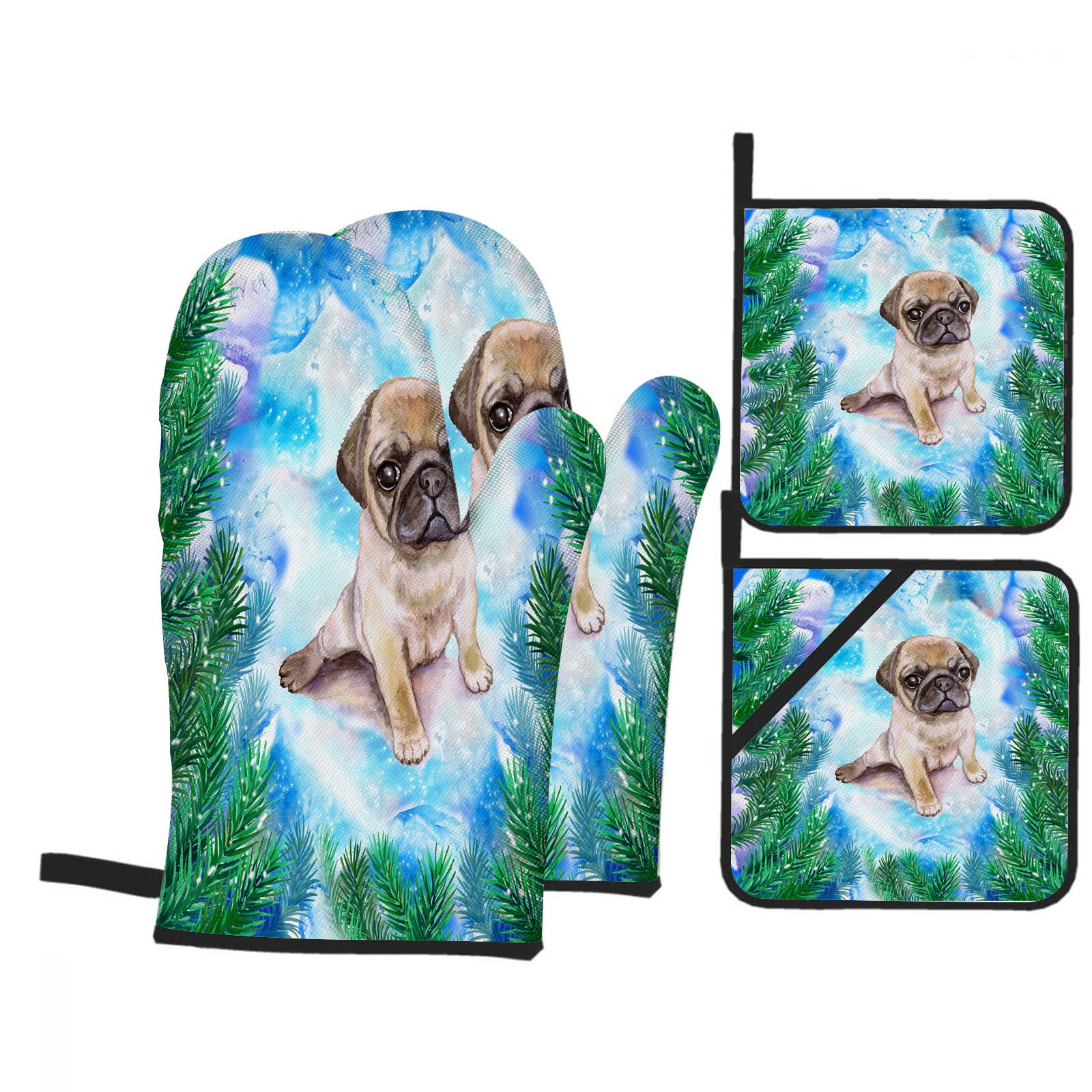 Cute Wrinkled Pug Puppy Cartoon Oven Mitts and Pot Holders Set - Heat Resistant Microwave Gloves & Hot Pads for Baking, BBQ, Cooking - Anti-Scalding Kitchen Accessories for Baking, Grilling, and Food Prep