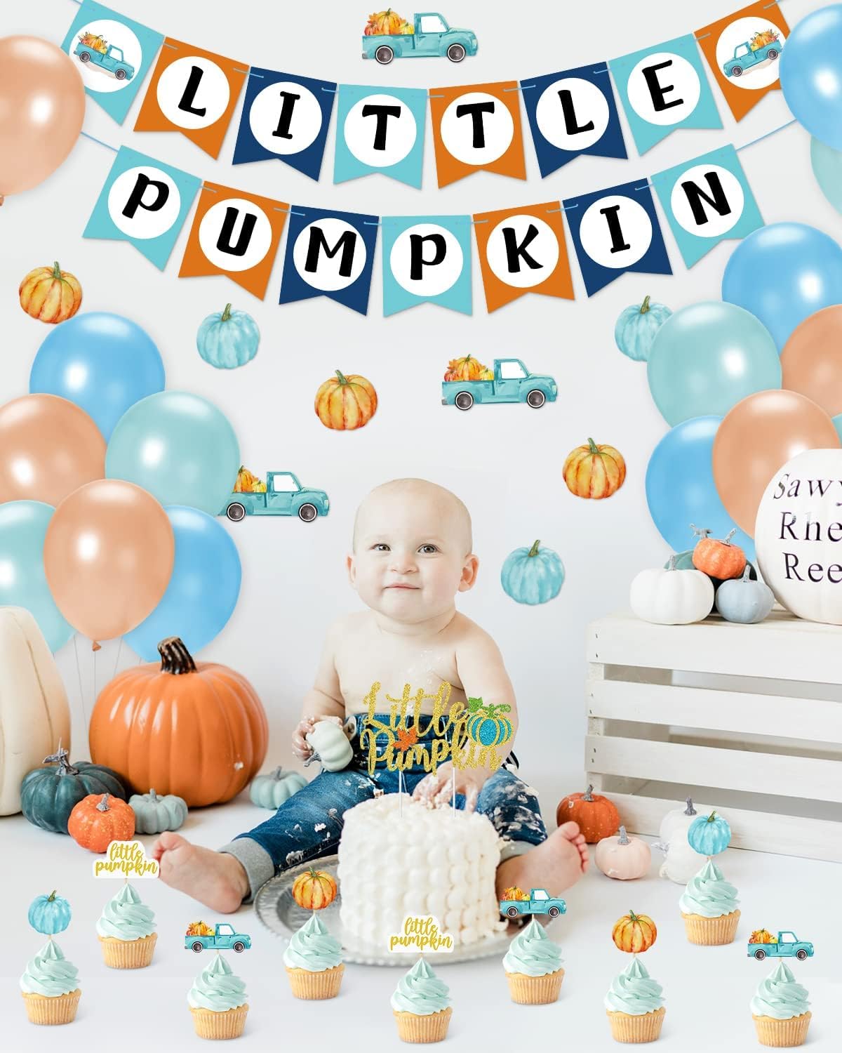 Blue & Gold Glitter Pumpkin Decorations - Baby Shower Garland, Cake Toppers & Latex Balloons for Fall Birthday, Thanksgiving Party Supplies | Perfect for Autumn Celebrations, Nursery Decor and Seasonal Festivities