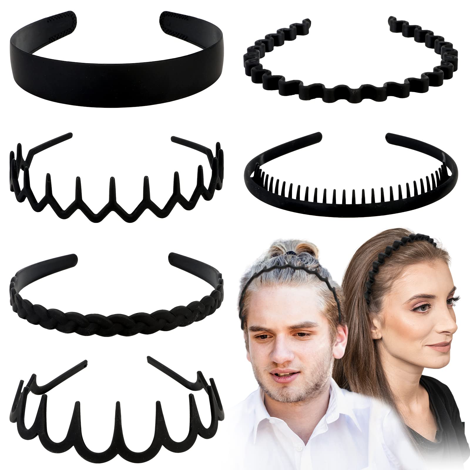 WHAVEL 6 Pack Non-Slip Plastic Headbands for Women & Men - Black Wavy Zig Zag Hair Bands with Teeth Comb for Effortless Styling | Perfect for Summer, Workouts, Yoga and Daily Use