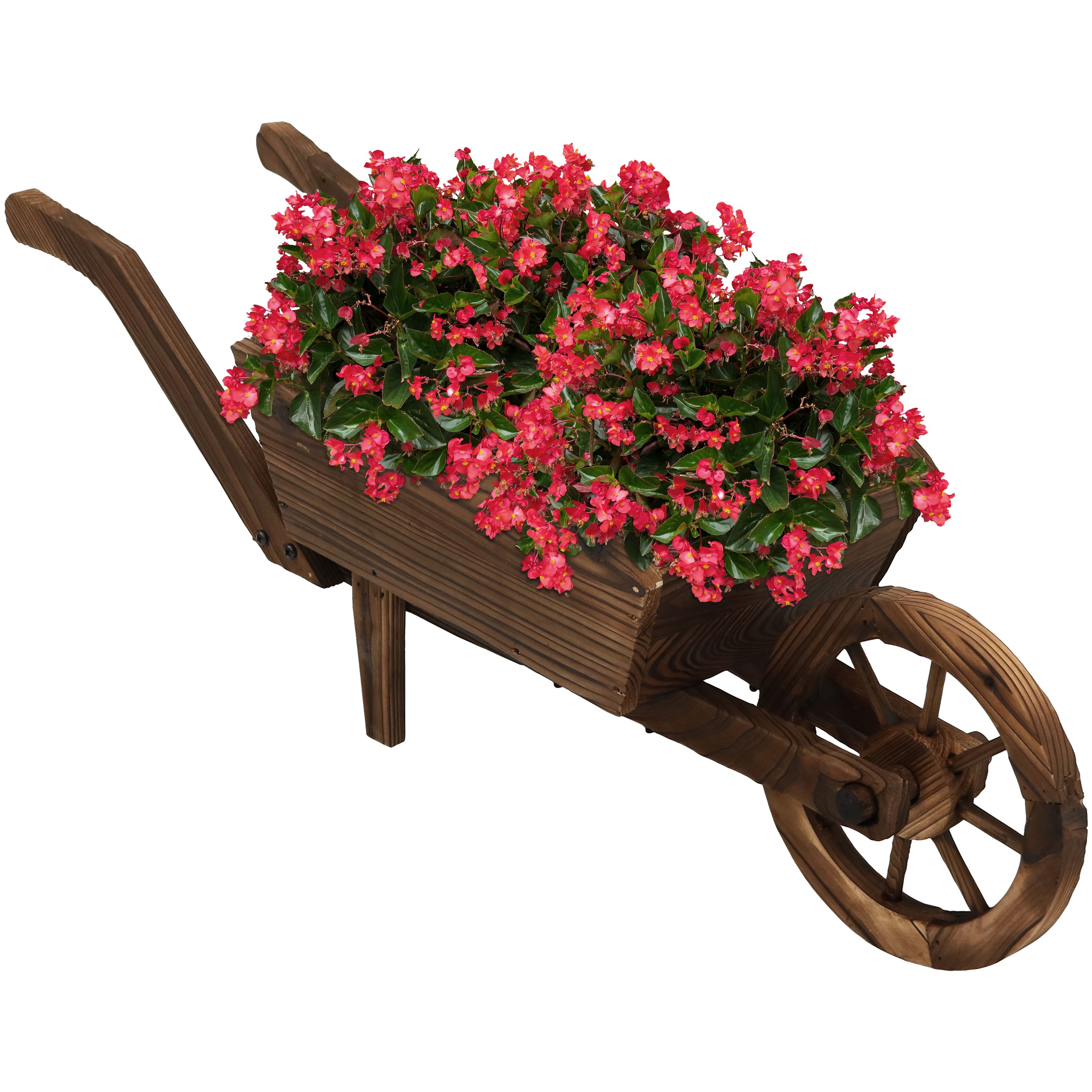 35 Inch Wooden Wheelbarrow Planter for Garden Decor - Outdoor Rustic Flower Pot with 10.25
