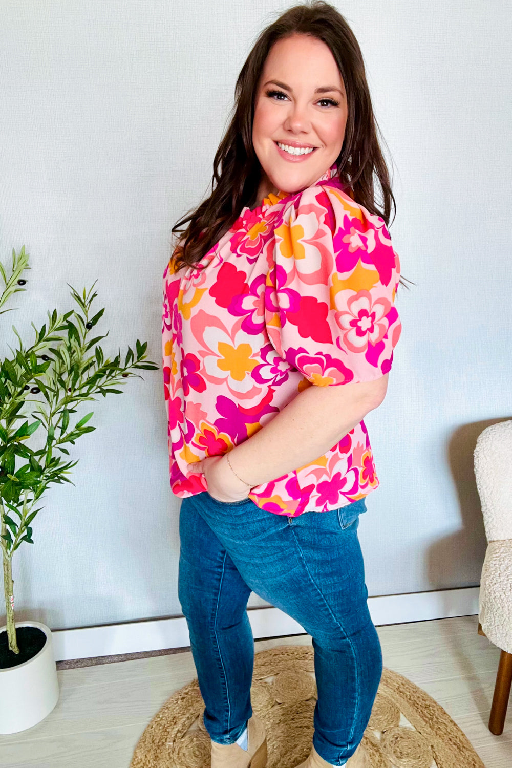 Perfectly You Fuchsia Big Floral Frill Neck Back Button Blouse - Women's Elegant Vintage Style Top for Parties, Dates & Office Wear