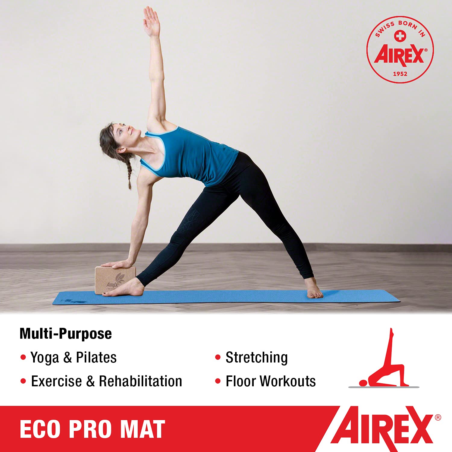 AIREX ECO Premium Exercise Mat for Yoga, Pilates, Physical Therapy & Rehabilitation - Non-Slip, Cushioned Fitness Mat for Balance, Stability & Aerobic Workouts - Perfect for Home Gym, Studio & Therapy Sessions