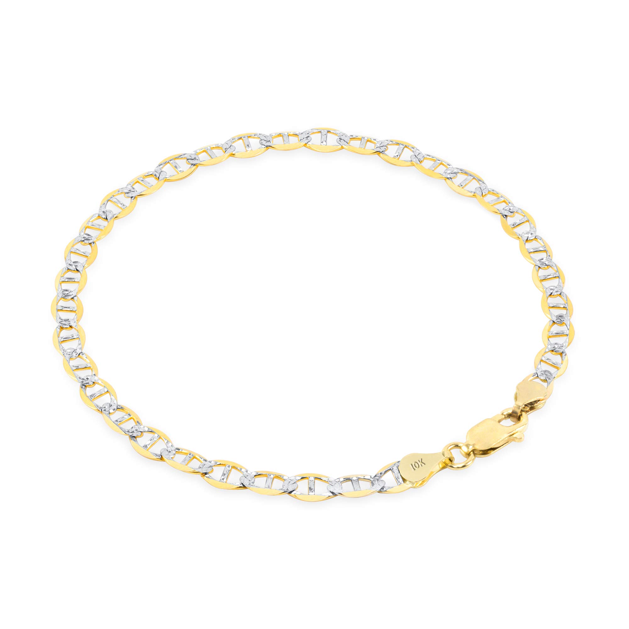 10K Real Yellow Gold Solid Mariner Anchor Chain Bracelet with Pave Diamond Cut - 4mm Width (7