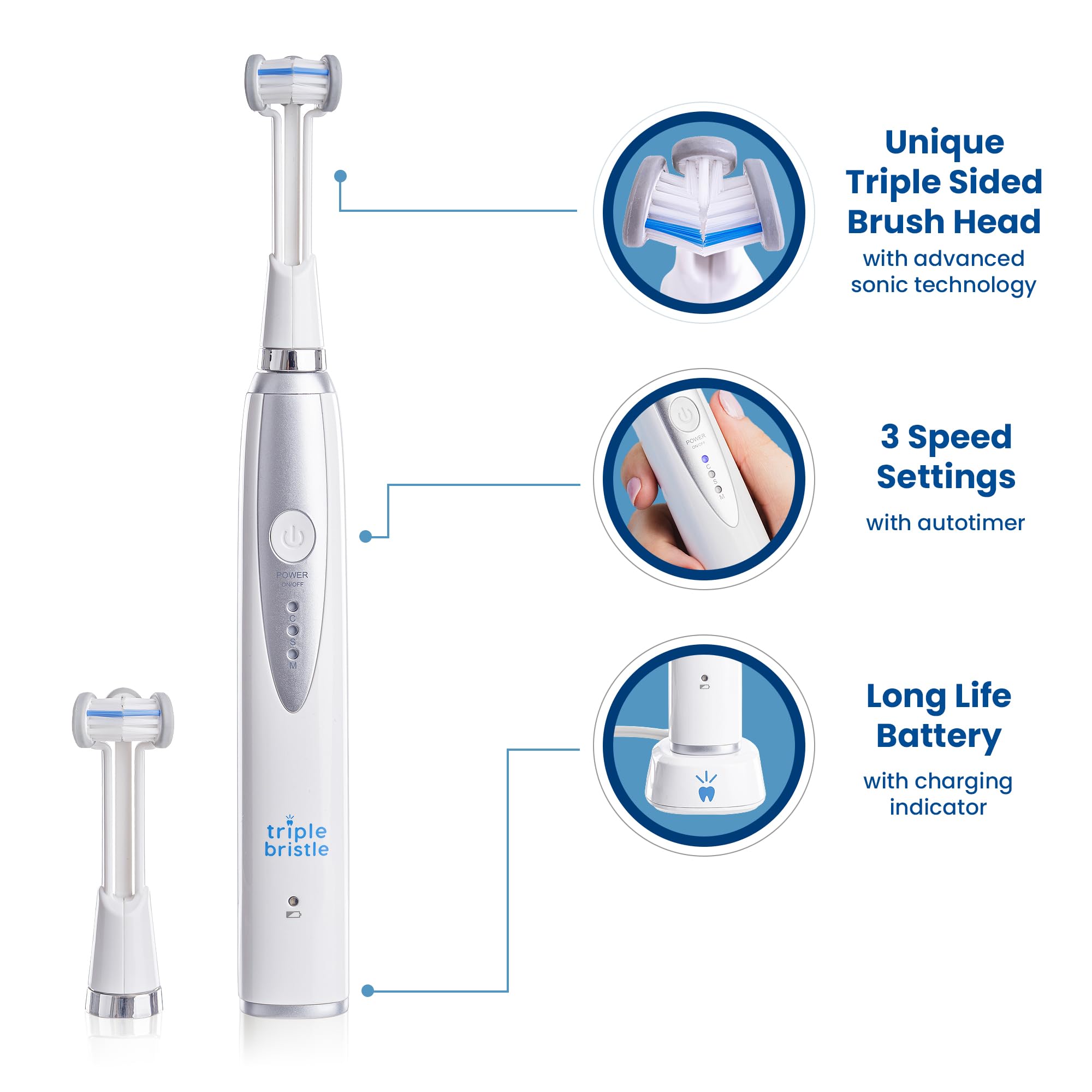 Triple Bristle Kids Electric Toothbrush - 3-Sided Sonic Toothbrush for Deep Cleaning Teeth & Gums | Dentist Recommended | Rechargeable Battery | Includes Fun Reward Stickers | Perfect for Kids Ages 3-12 | Ideal for Morning & Nighttime Brushing Routine