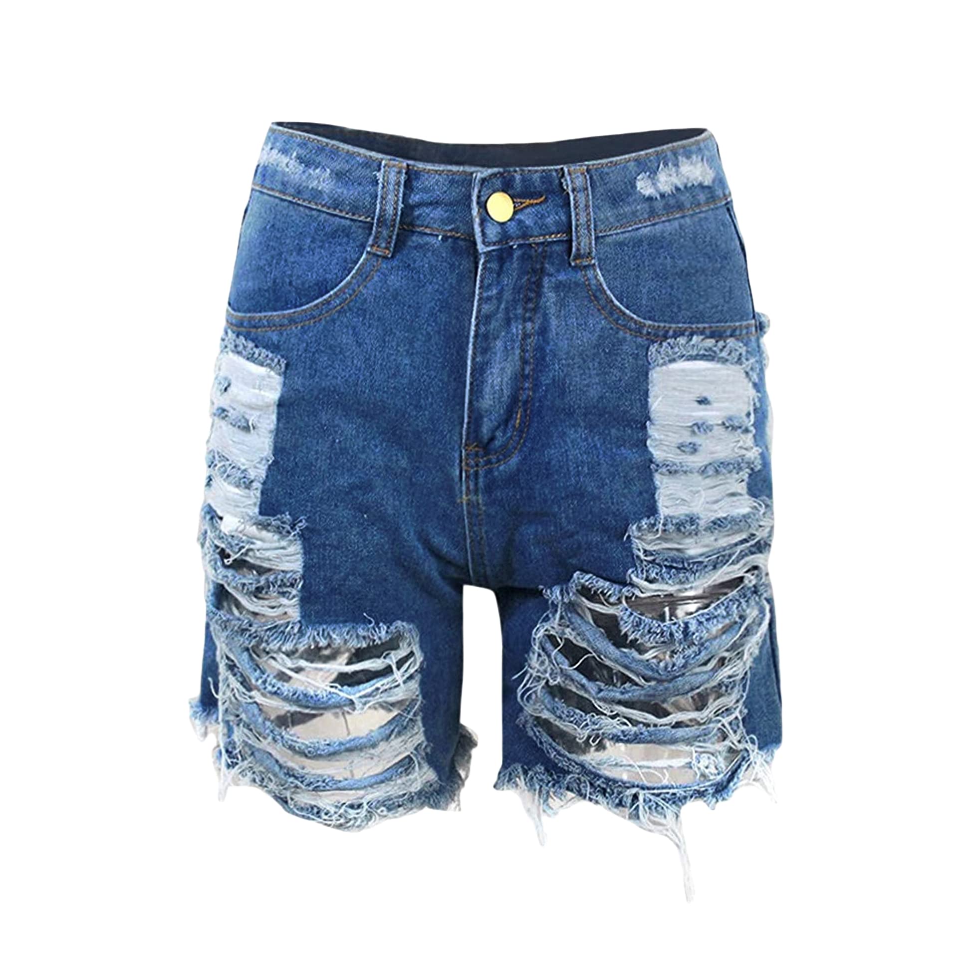 Women's High Waisted Ripped Denim Shorts with Tassels & Raw Hem - Stretchy Sexy Jean Shorts for Summer (Navy Blue, Medium) | Perfect for Beach, Party & Casual Outfits