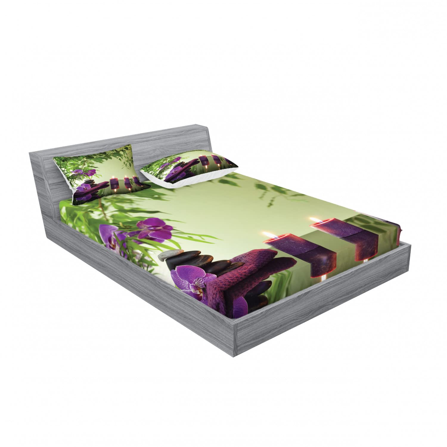 Ambesonne 2-Piece King Size Fitted Sheet Set with 4 Pillow Shams - Spa Inspired Orchid Bloom Pattern in Pale Green & Fern Green - Luxury Bedding for Master Bedroom, Guest Room or Spa Retreat Decor