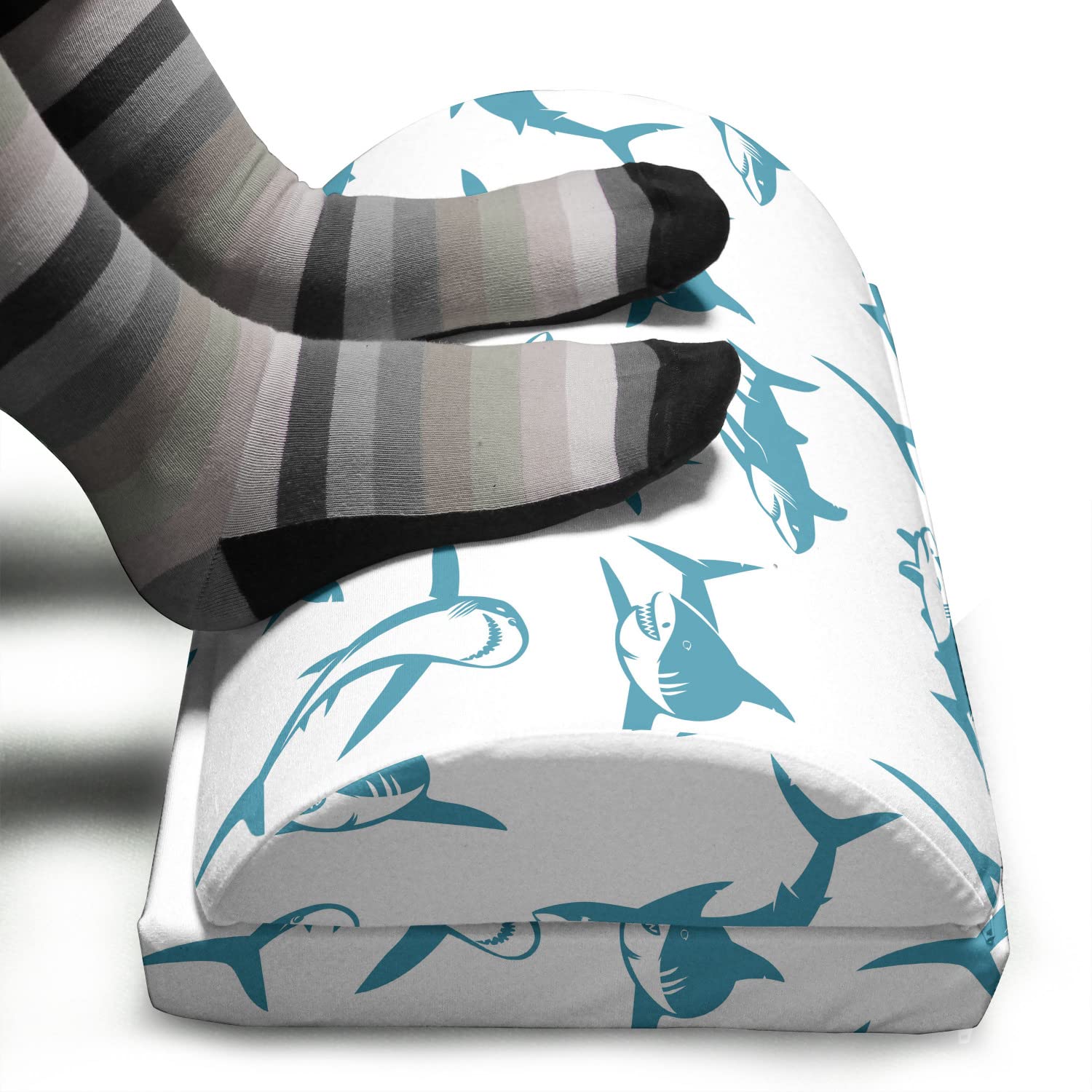 Ambesonne Shark Foot Rest - Ergonomic Memory Foam Leg Support with Non-Slip Backing, Adjustable Height for Office & Home Use | Blue White Marine Cartoon Design Featuring Scary Predators with Fins & Sharp Teeth | Perfect for Work Desks, Gaming Chairs, and Relaxation