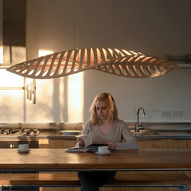 Handcrafted Wabi Sabi Wooden Fish Bone Pendant Chandelier - Rustic Boho Ceiling Light for Dining Room, Bedroom & Living Room Decor