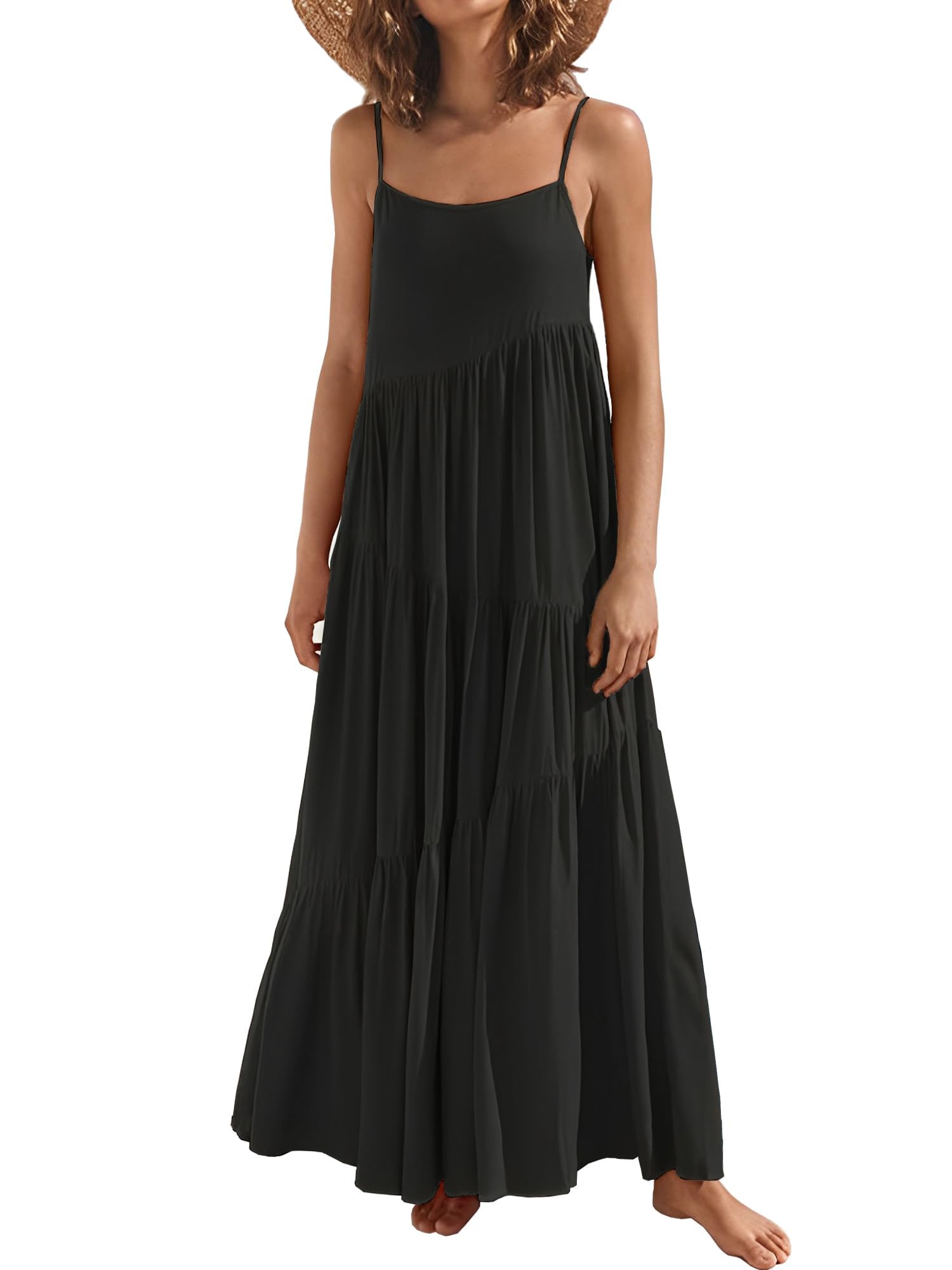Women's Summer Dresses - Loose Sleeveless Spaghetti Strap Asymmetric Tiered Maxi Dress | Beach Cover Up, Vacation Outfit, Boho Chic Fashion