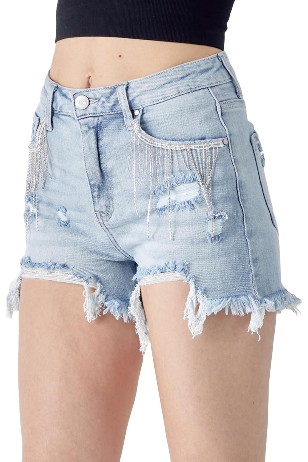 Risen Women's Frayed Hem Denim Shorts with Fringe Detail Pockets - High Waist Distressed Jean Shorts for Women - Perfect for Summer, Beach, and Casual Outfits