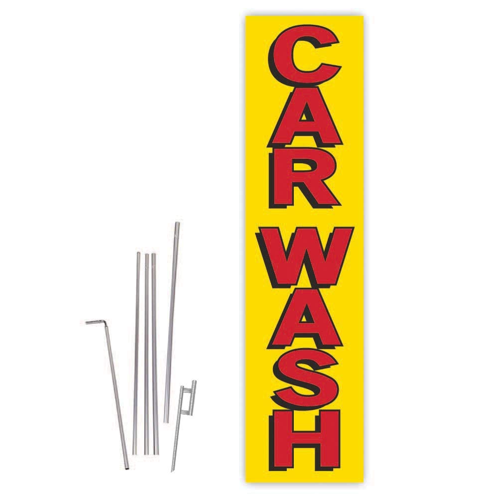 Premium Yellow/Red Rectangle Boomer Car Wash Flag with 15ft Pole Kit & Ground Spike - Perfect for Auto Detailing, Car Wash Businesses & Driveway Waving