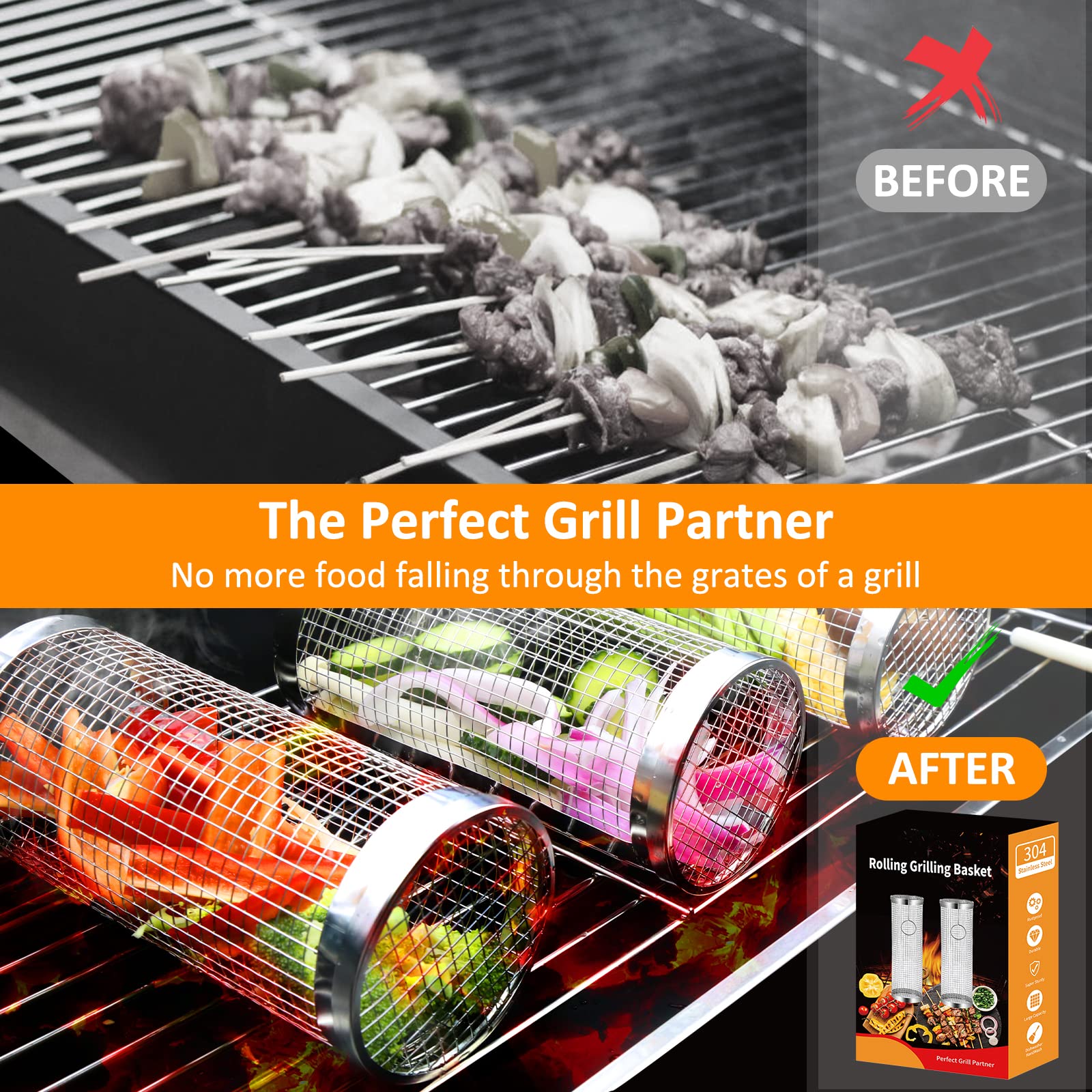 Premium Stainless Steel Grill Basket Set of 2 - Heavy Duty Rectangular BBQ Grill Accessories for Fish, Shrimp, Meat & Vegetables - Dishwasher & Oven Safe - Perfect for Backyard BBQs, Camping Trips & Outdoor Cooking